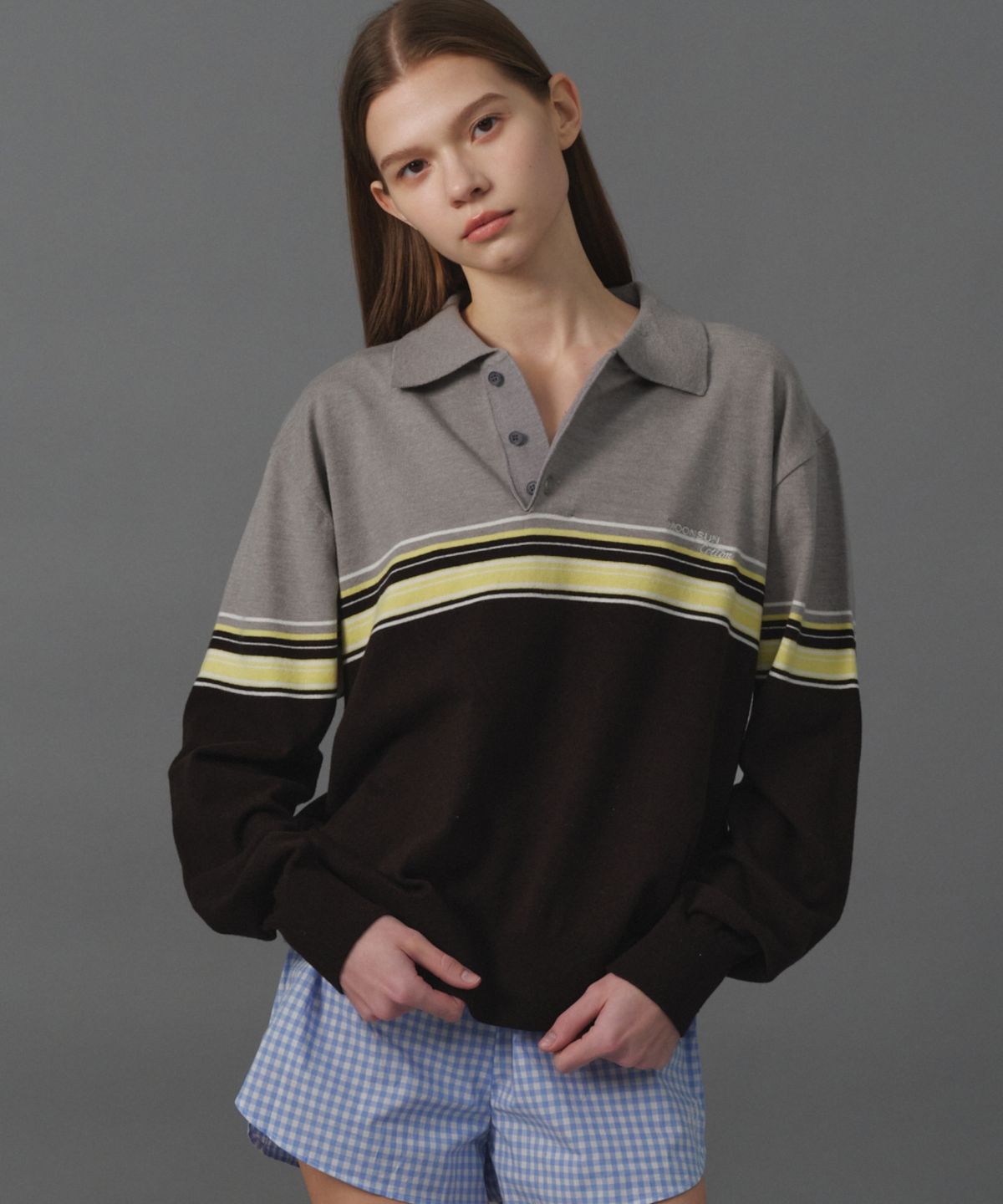 문선 아카이브(MOONSUN ARCHIVE) M.C UNISEX, Point Stripe Collar Knit / Gray Yellow