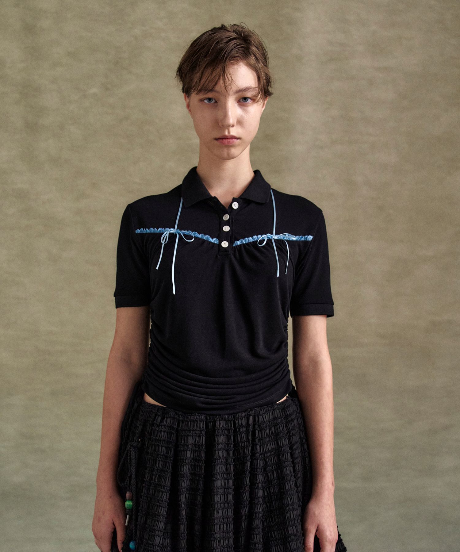 ★ANDERSSON BELL★ Halter String Pique Polo Shirt atb1255w(W HALTER STRING PIQUÉ POLO SHIRTS atb1255w(BLACK) – Andersson Bell