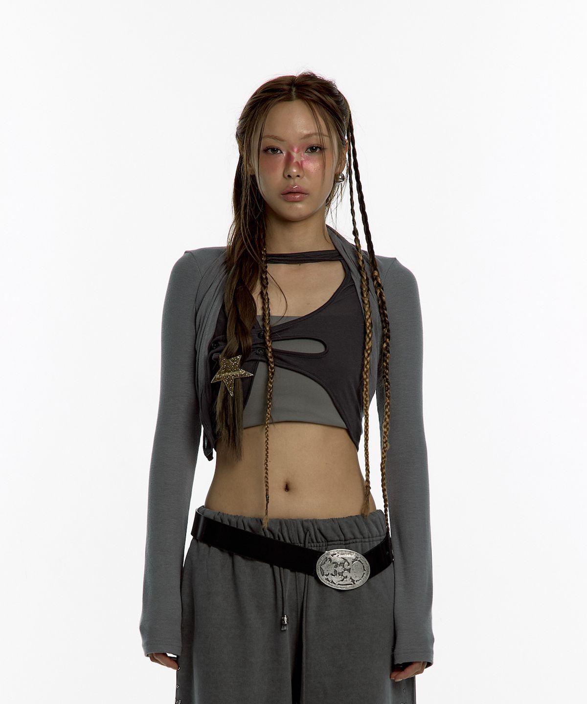 카시코(KASHIKO) Asymmetric Button Bolero Cardigan Charcaol
