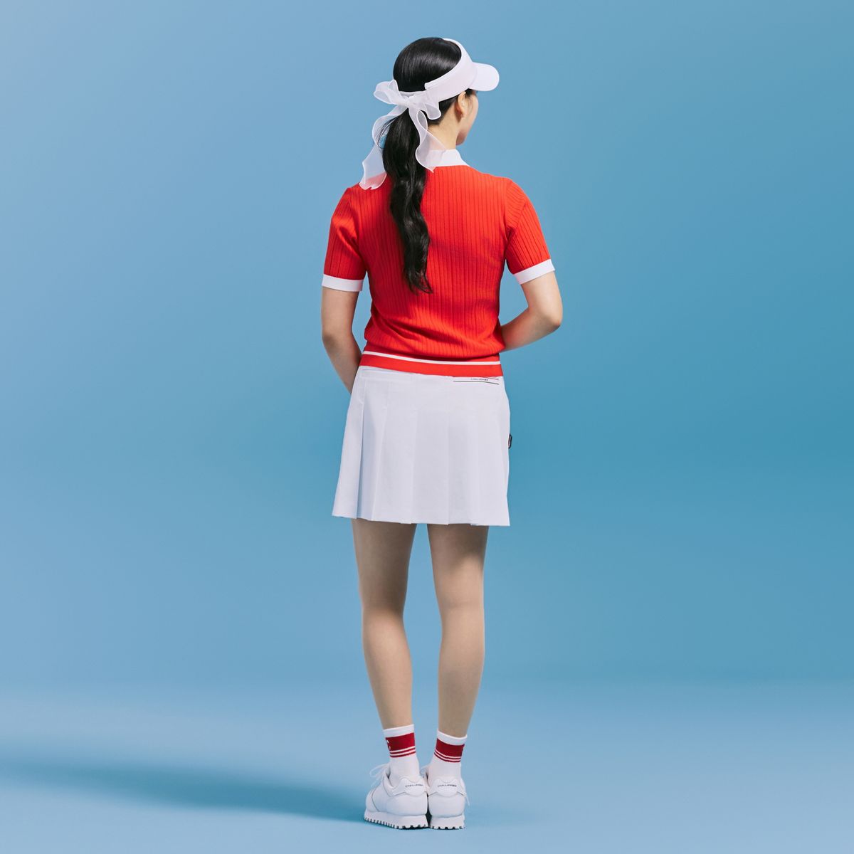 챌린저(CHALLENGER) 여성 믹스 조직 배색 카라 반팔 니트 풀오버 레드