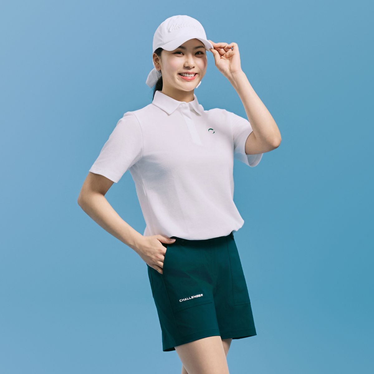 챌린저(CHALLENGER) 여성 폴리 PQ 5부소매 스트링 카라 반팔티 화이트