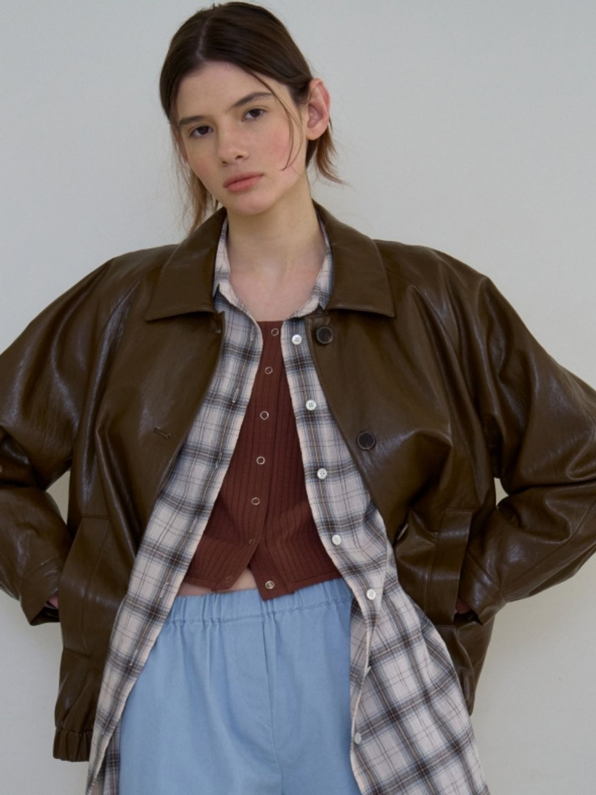 어나우트(UNNOUT) PEPLUM CHECK SHIRT BEIGE