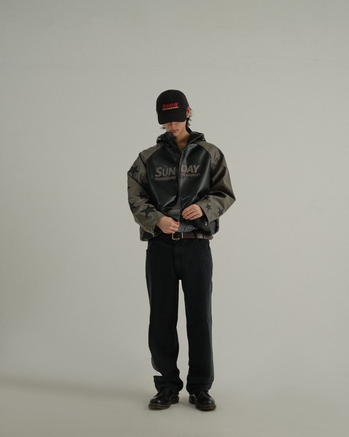 선데이후르츠마켓(SUNDAY FRUIT MARKET) STAR FAUX LEATHER JACKET BLACK