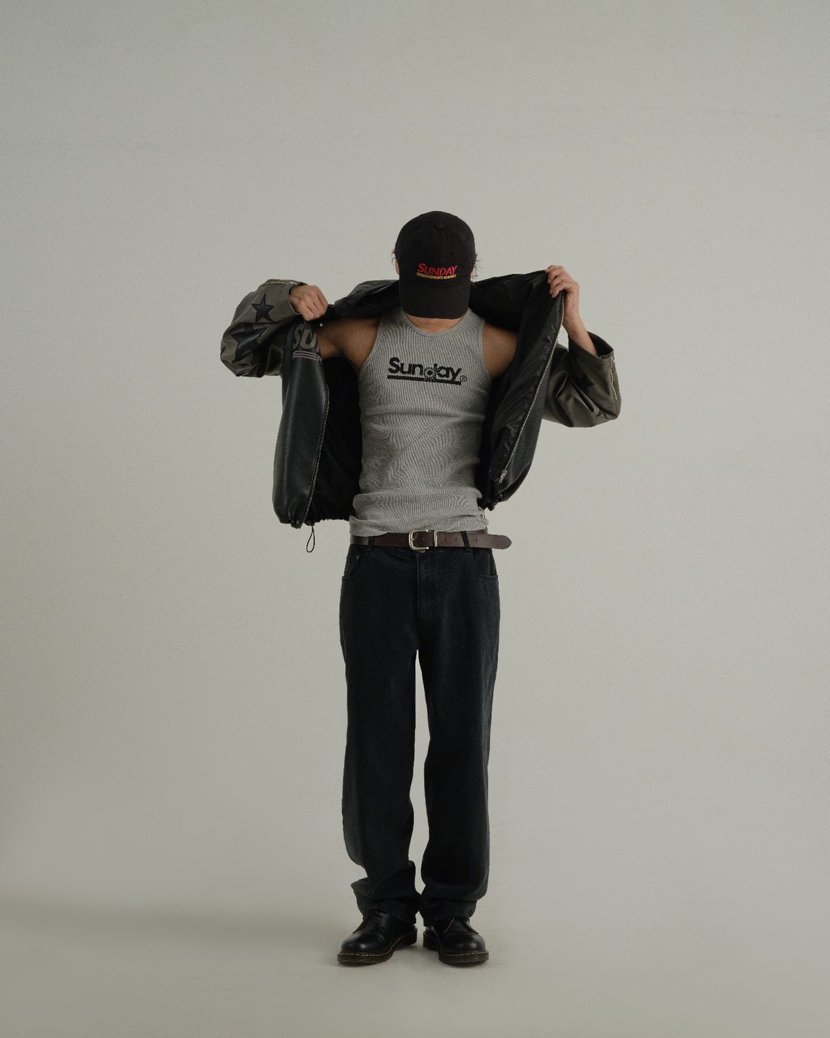 선데이후르츠마켓(SUNDAY FRUIT MARKET) STAR FAUX LEATHER JACKET BLACK