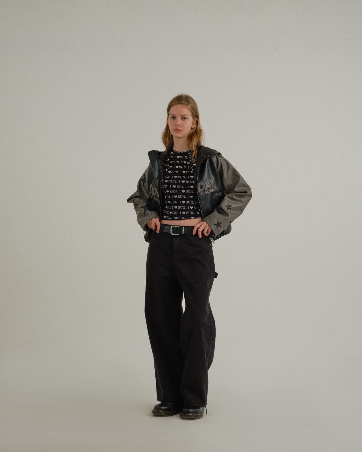 선데이후르츠마켓(SUNDAY FRUIT MARKET) W) STAR FAUX LEATHER JACKET BLACK