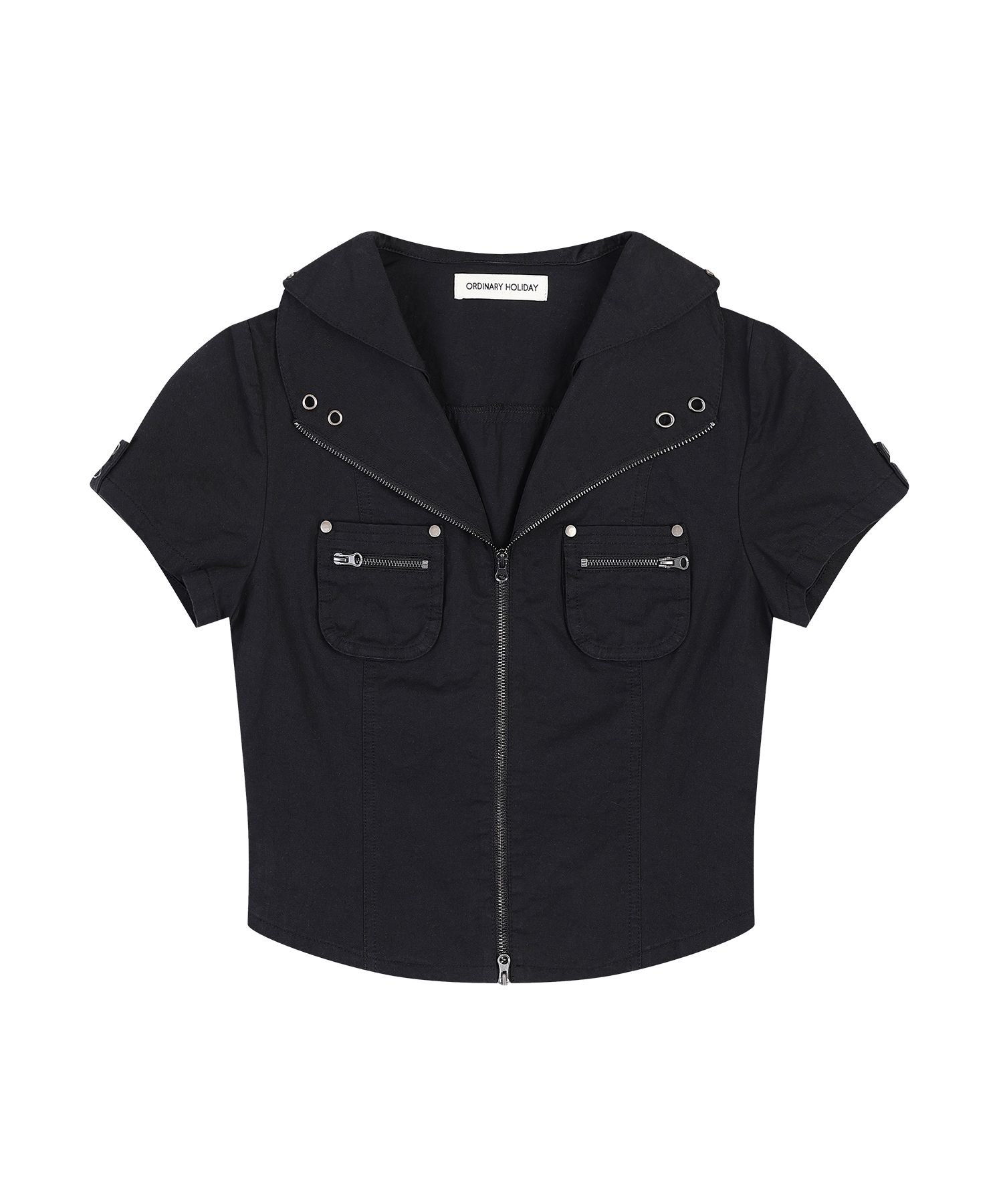 MUSINSA公式 | ORDINARY HOLIDAY SHORT SLEEVE ZIP-UP SHIRT [BLACK]