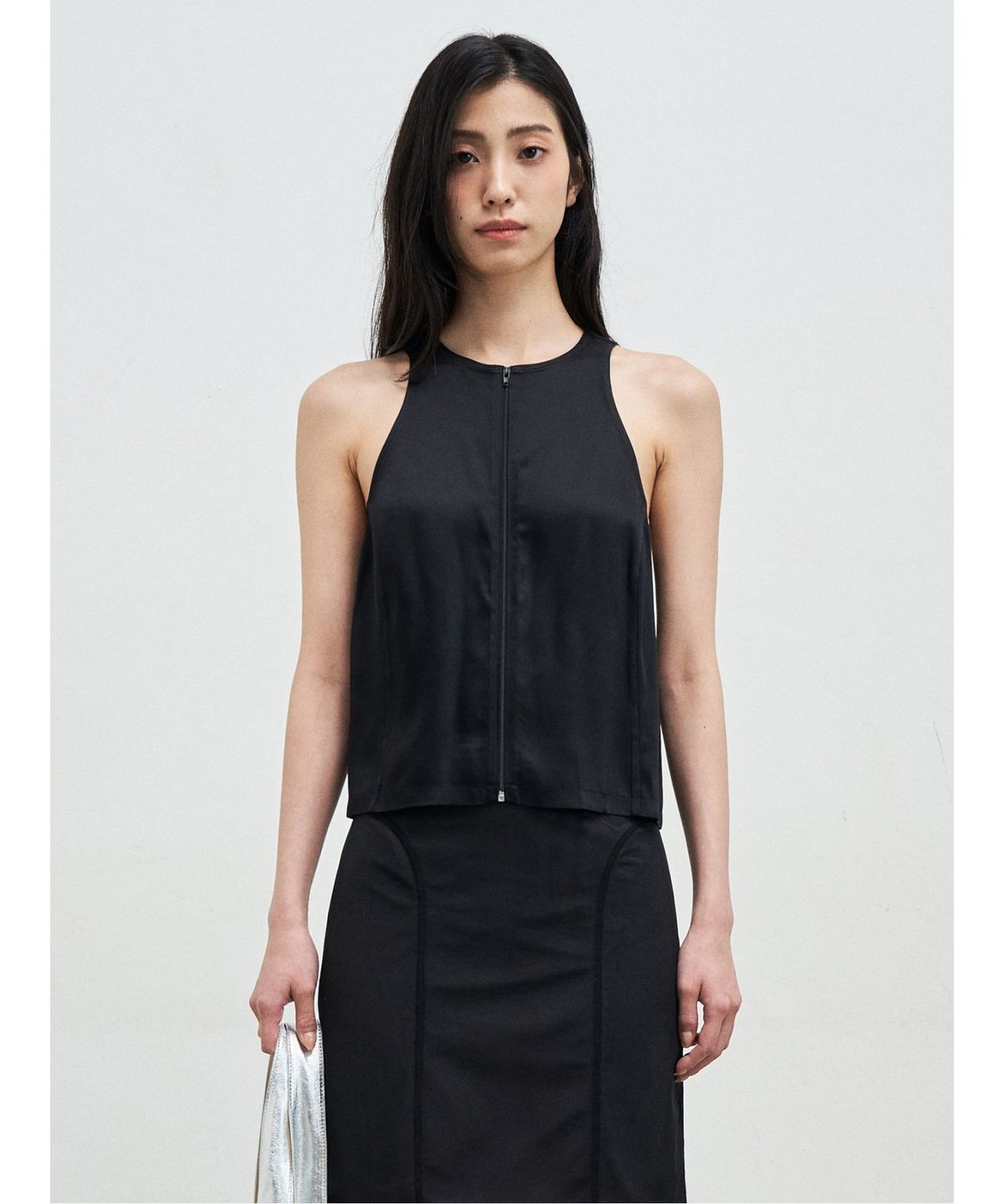 앙개(ANGGAE) Satin Tank ZipUp Vest  Black