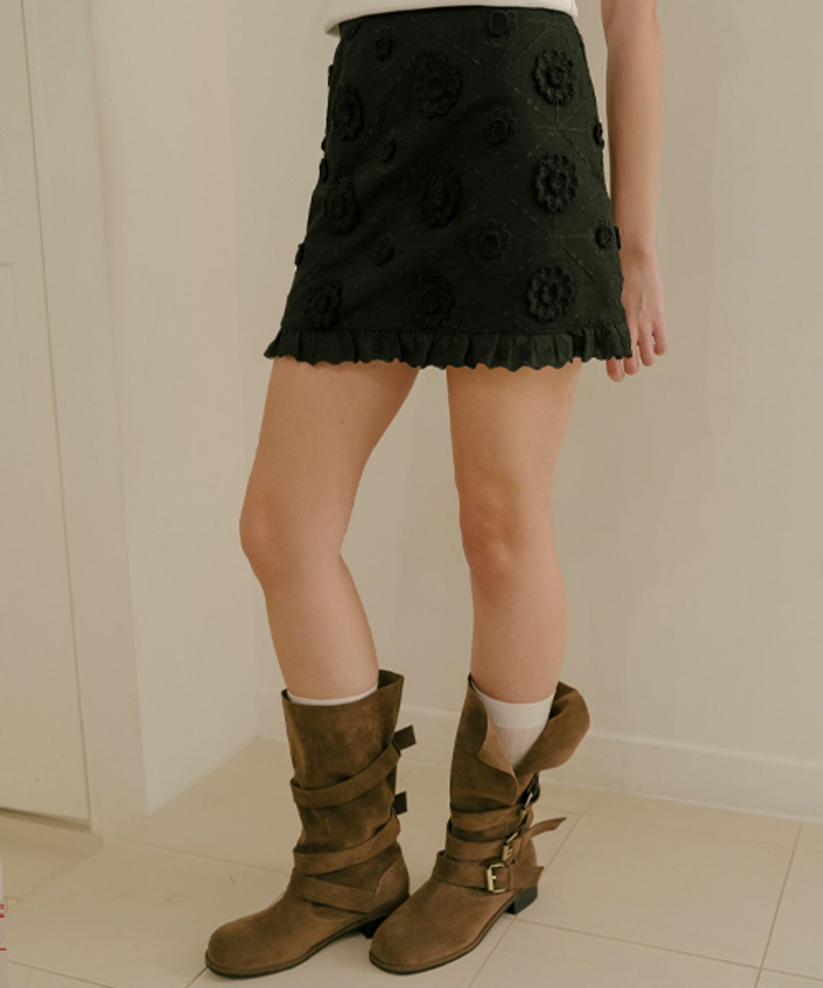 프리버07(FRIVER07) Flower frill lace skirt_Black