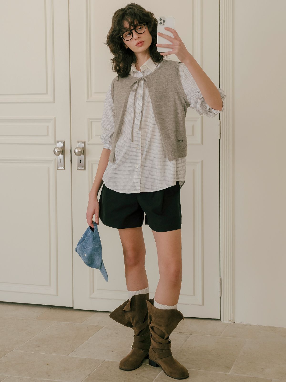 프리버07(FRIVER07) Double buckle cotton shorts_Black