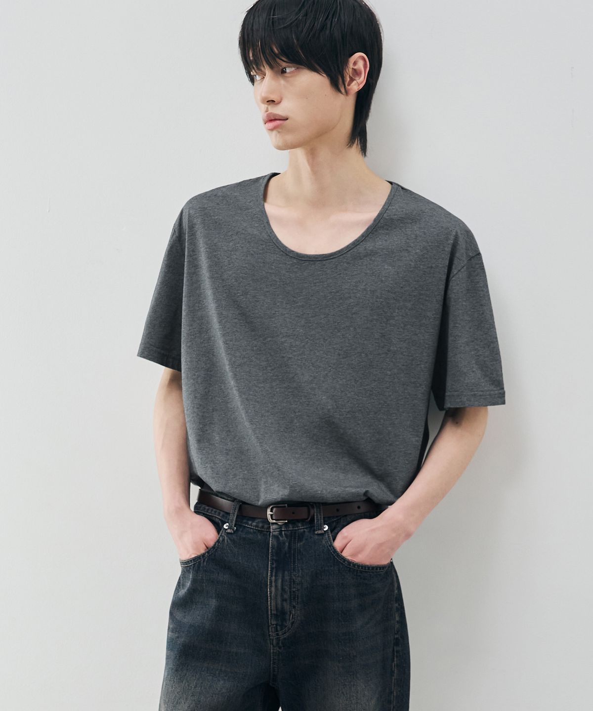 드로우핏(DRAW FIT) 실켓 코튼 U넥 티셔츠 [MELANGE GREY]
