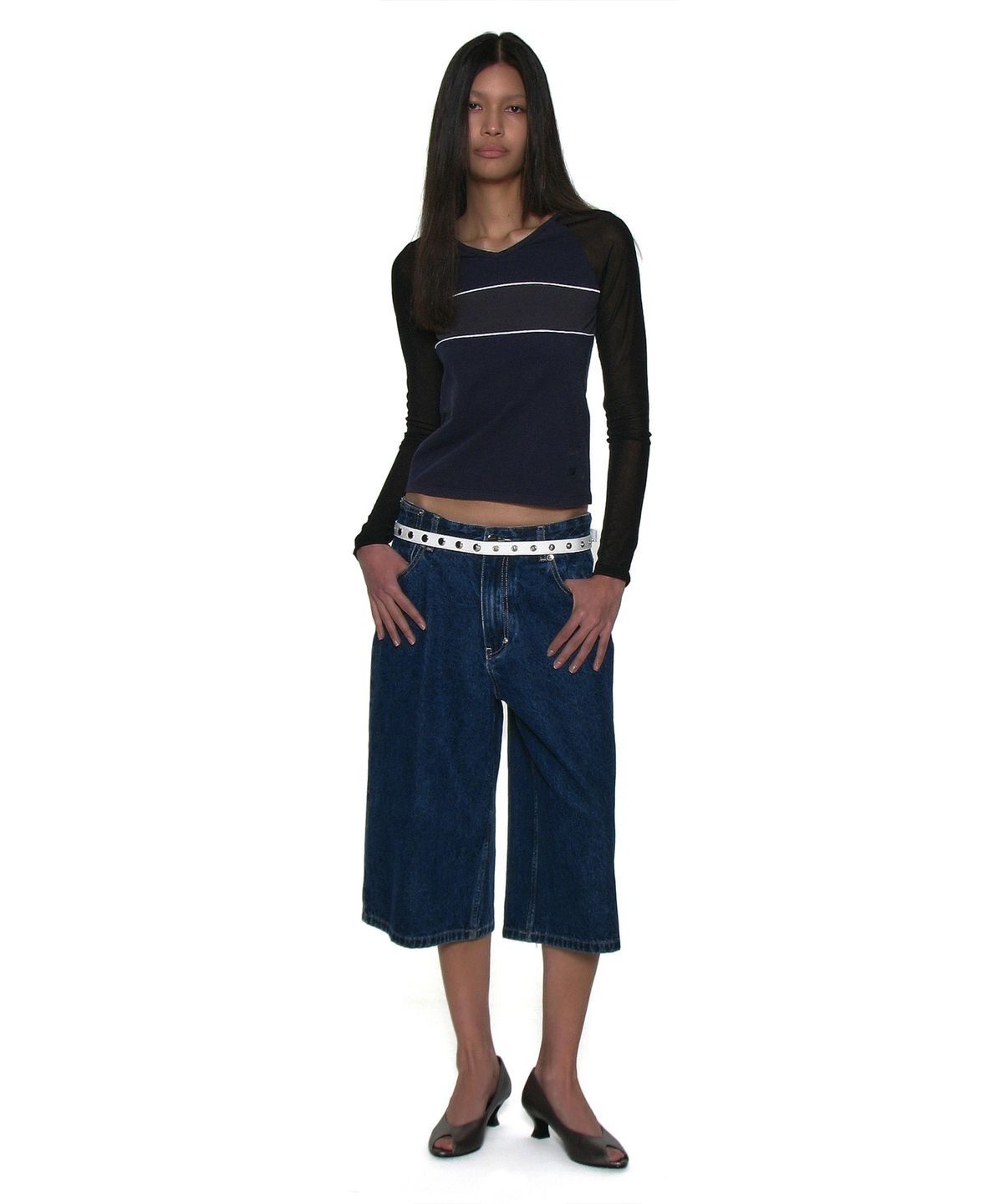 파르티멘토 우먼(PARTIMENTO WOMEN) 브이넥 멀티 콤비 롱슬리브 티_네이비