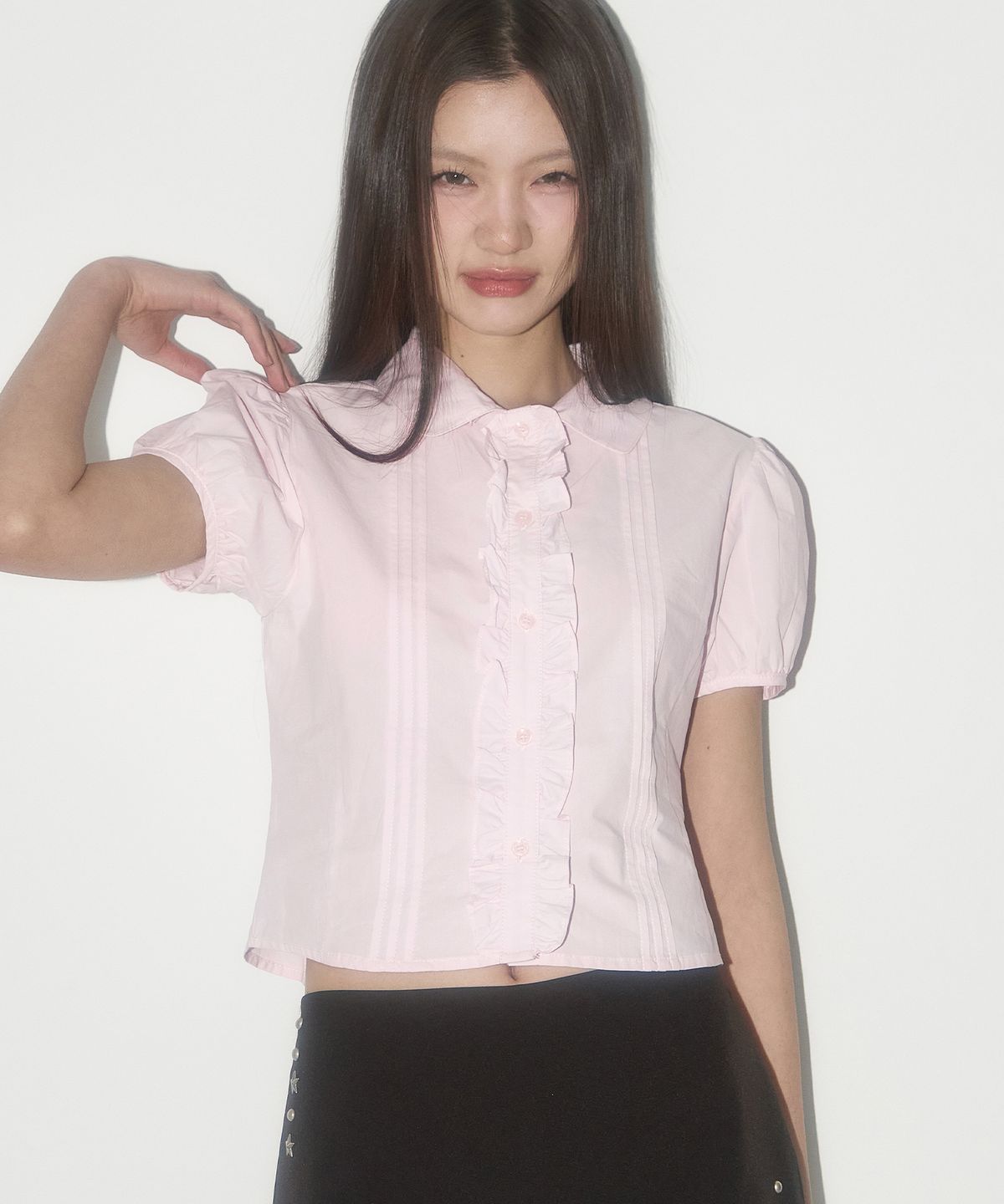 일리고(ILLIGO) 핀턱 프릴 블라우스 핑크