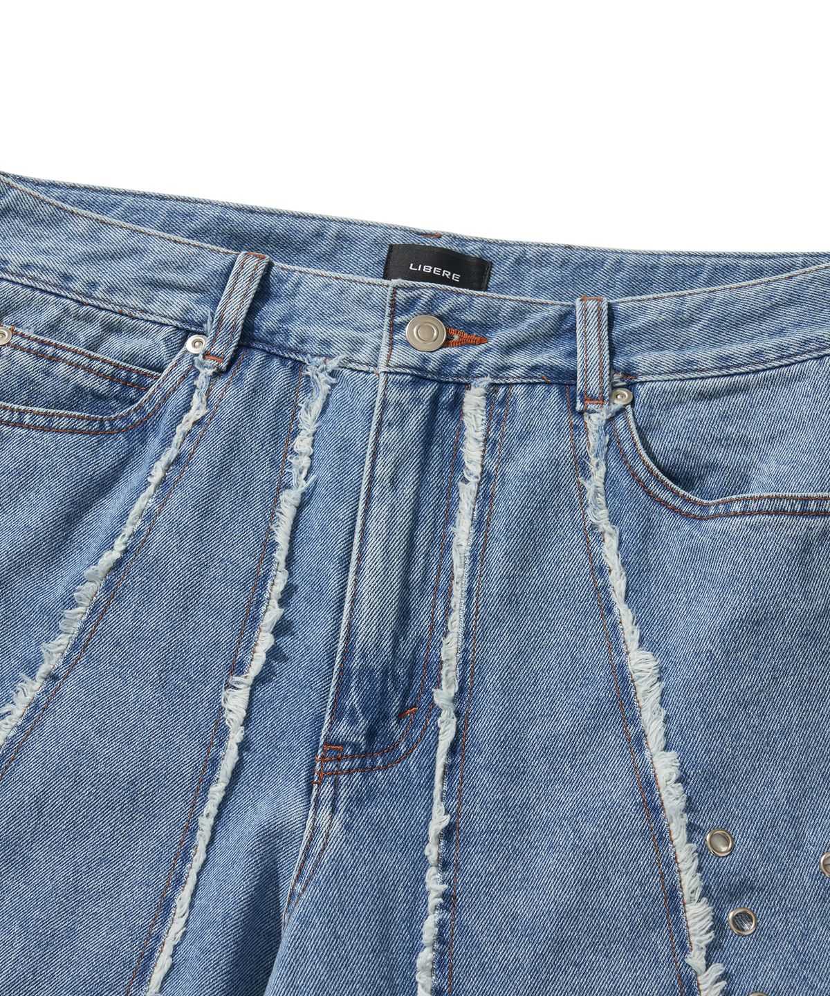 리베레(LIBERE) DESTROYED CROSS DENIM PANTS / BLUE