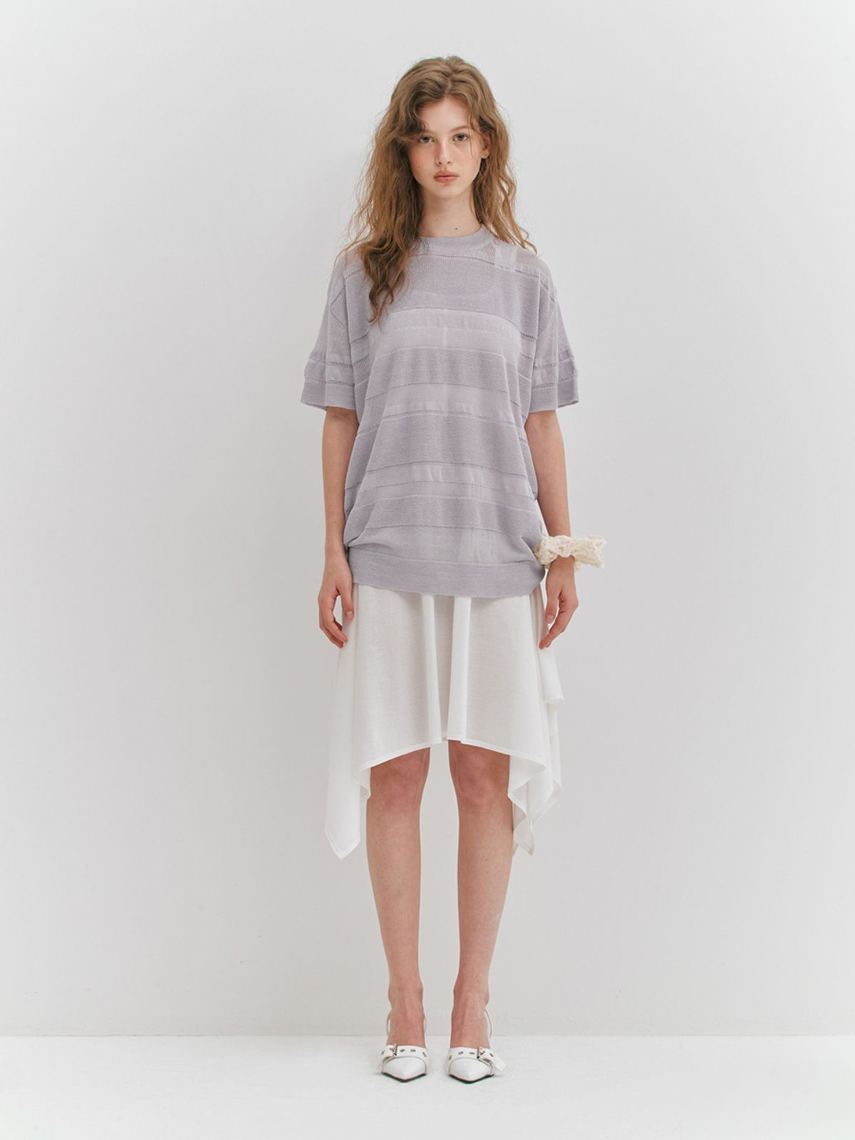 민더리(MEENDERI) LINEN STRIPE KNIT TOP - PURPLE