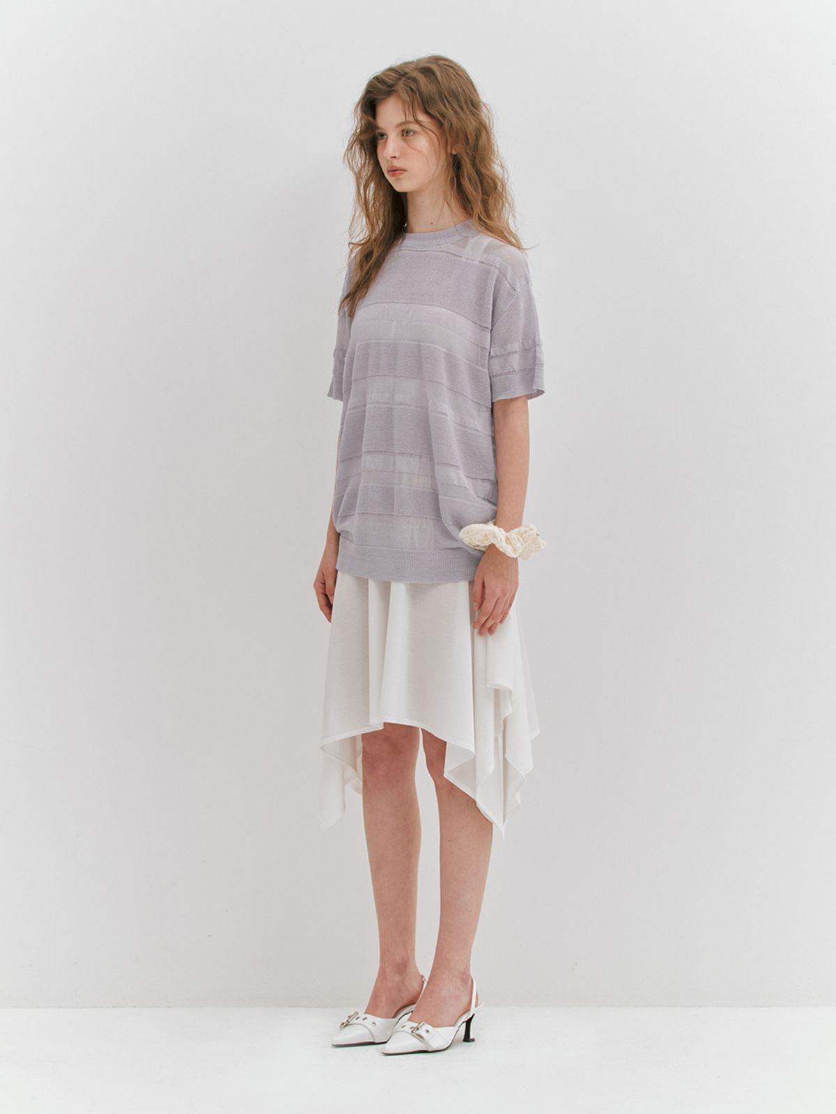 민더리(MEENDERI) LINEN STRIPE KNIT TOP - PURPLE