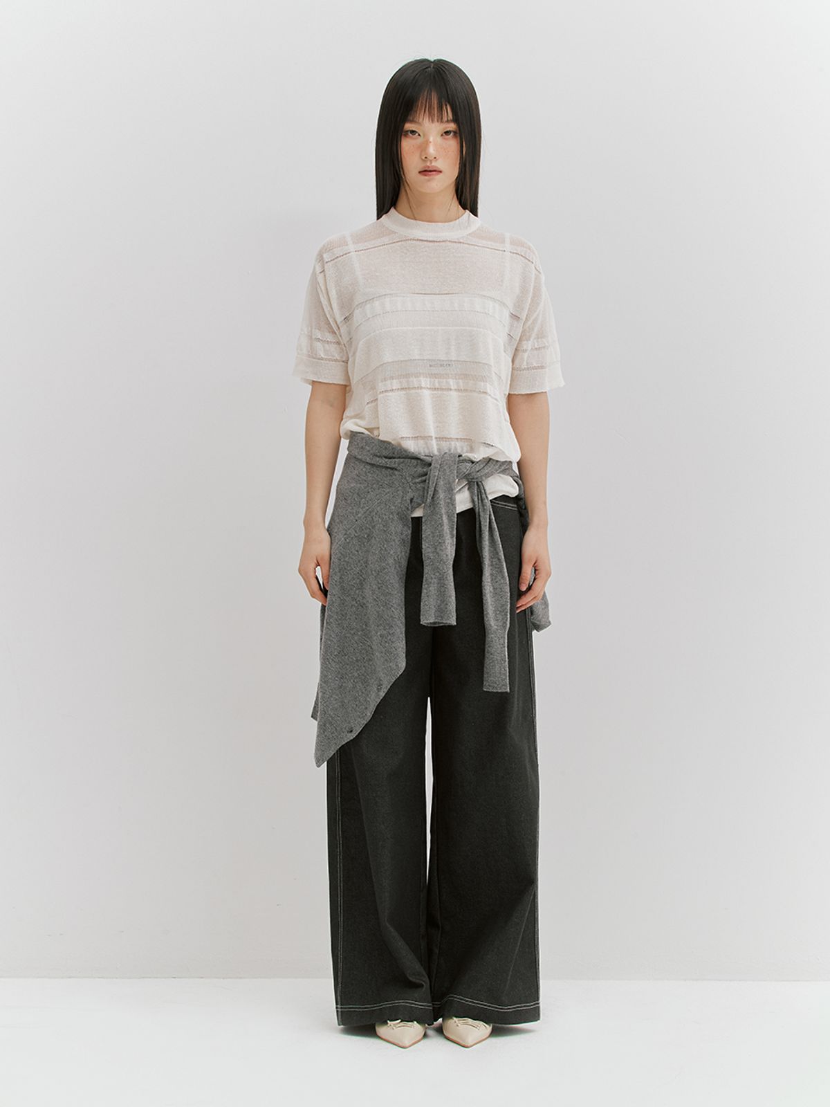 민더리(MEENDERI) LINEN STRIPE KNIT TOP - WHITE