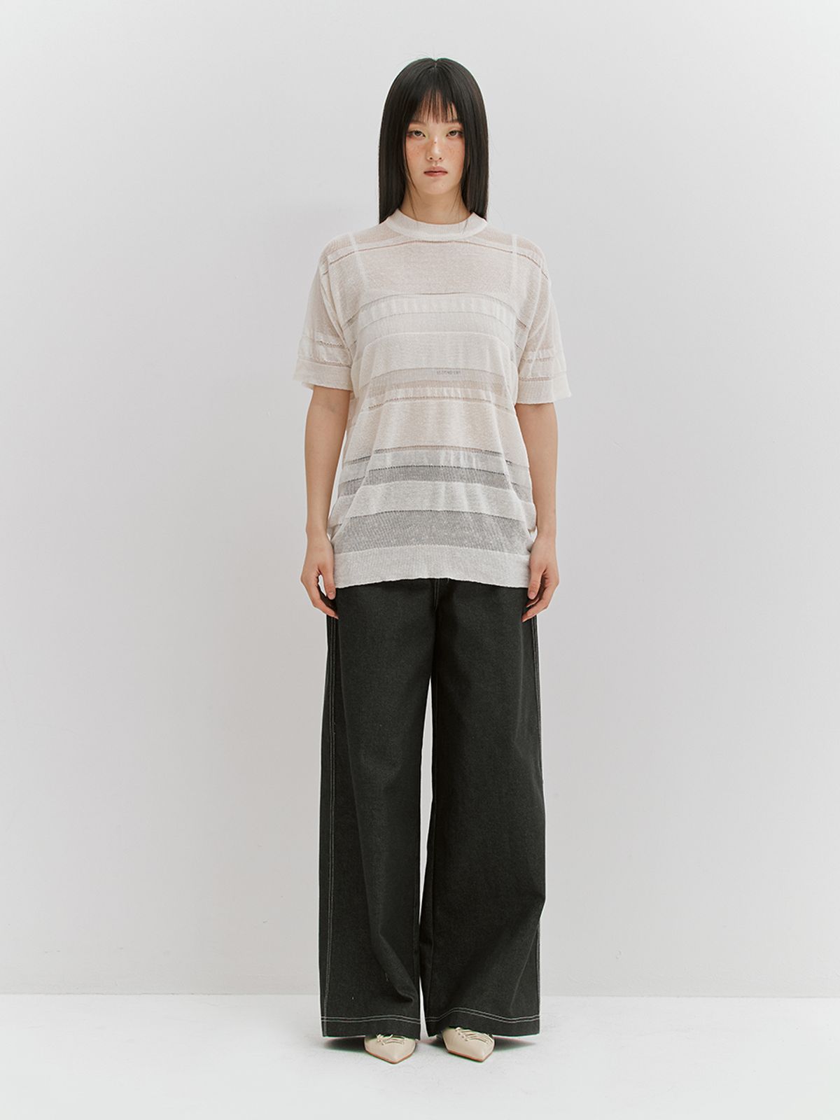 민더리(MEENDERI) LINEN STRIPE KNIT TOP - WHITE