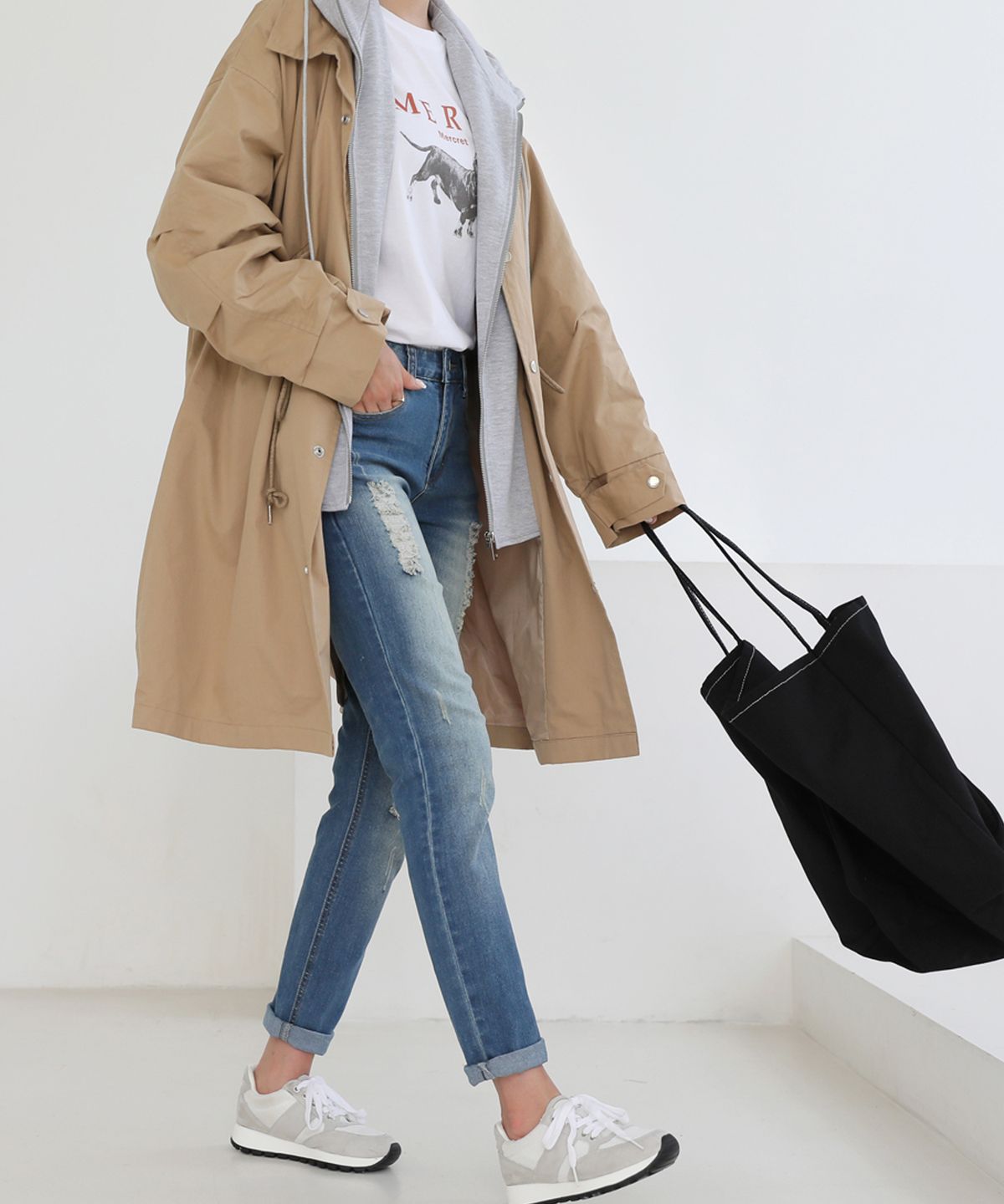 빼빼(BBAEBBAE) 루즈핏 레이어드 후드집업 야상 자켓