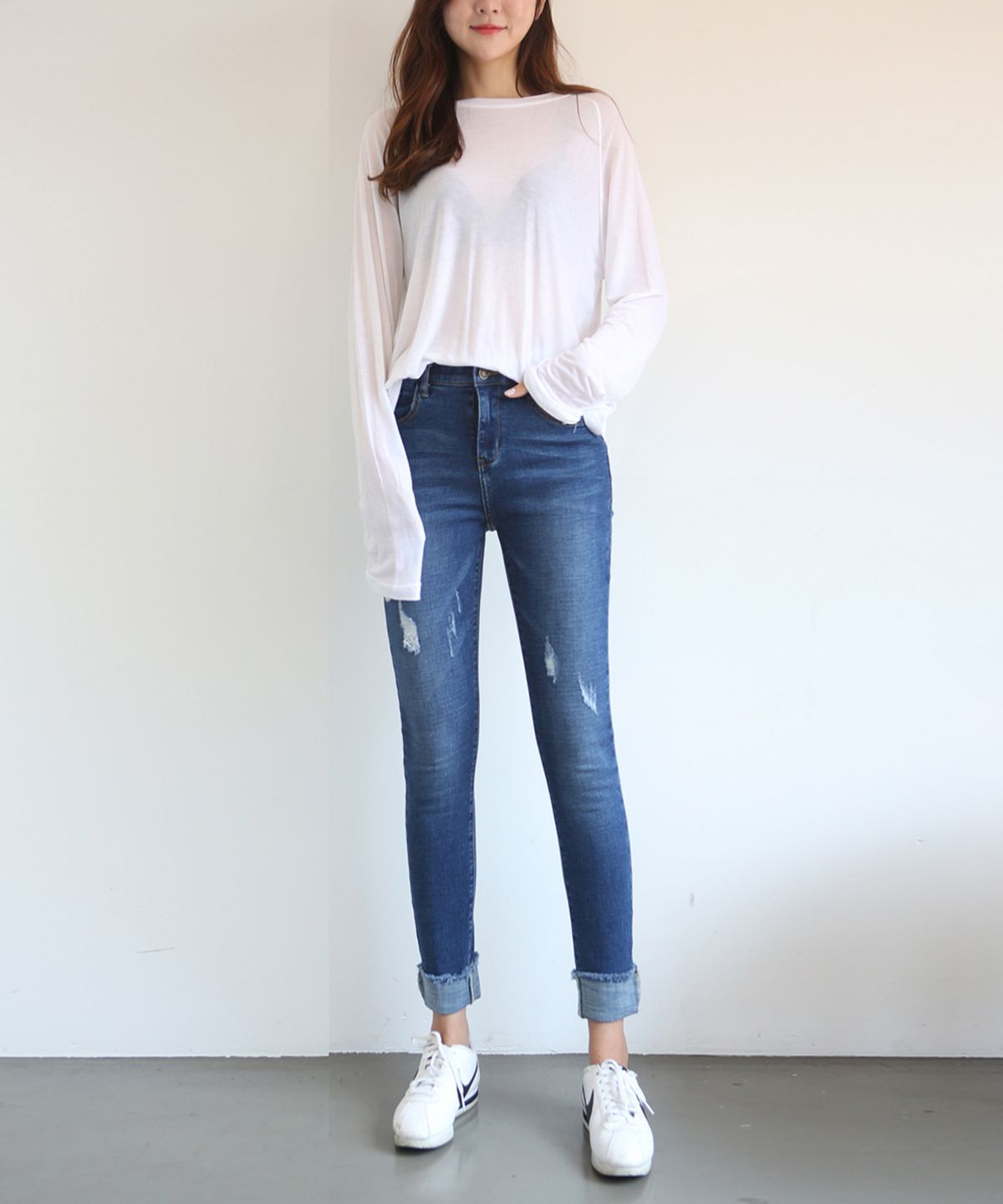 빼빼(BBAEBBAE) 스판 롤업 스키니 청바지