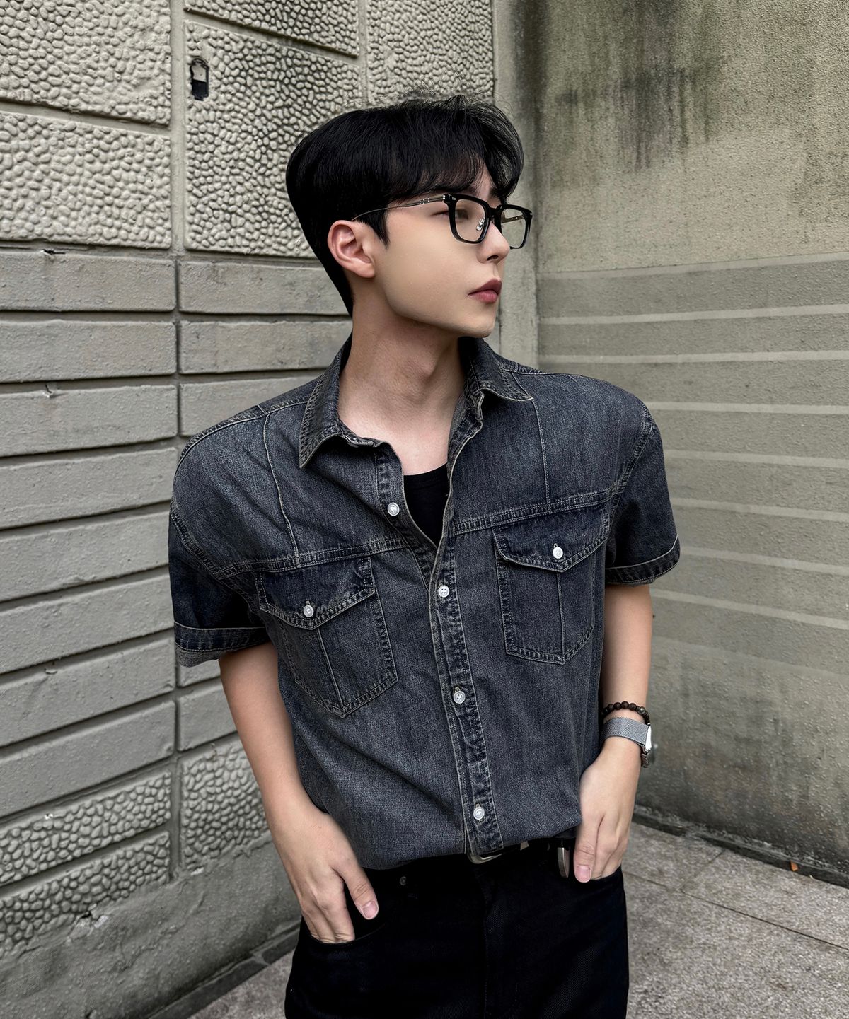 토피(TOFFEE) 핀턱 하프 데님 셔츠 (VINTAGE INDIGO)