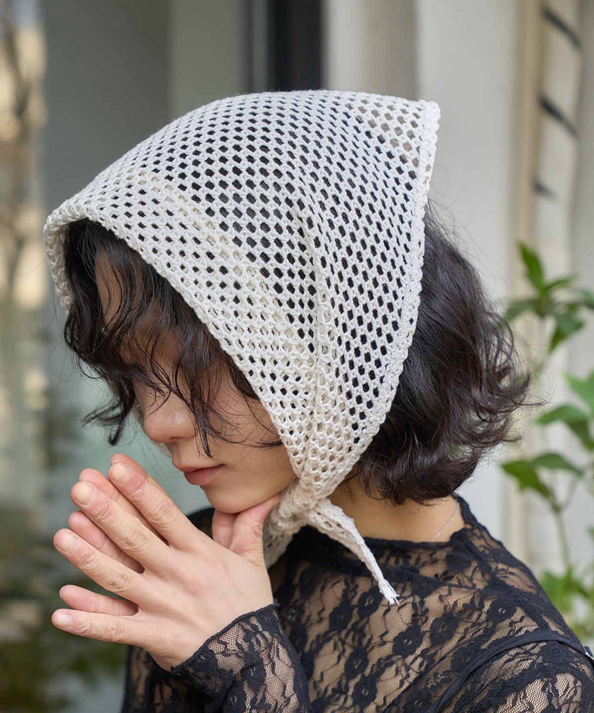 더그린랩(THE GREEN LAB) 니트 크로셰 반다나 스카프 [아이보리]
