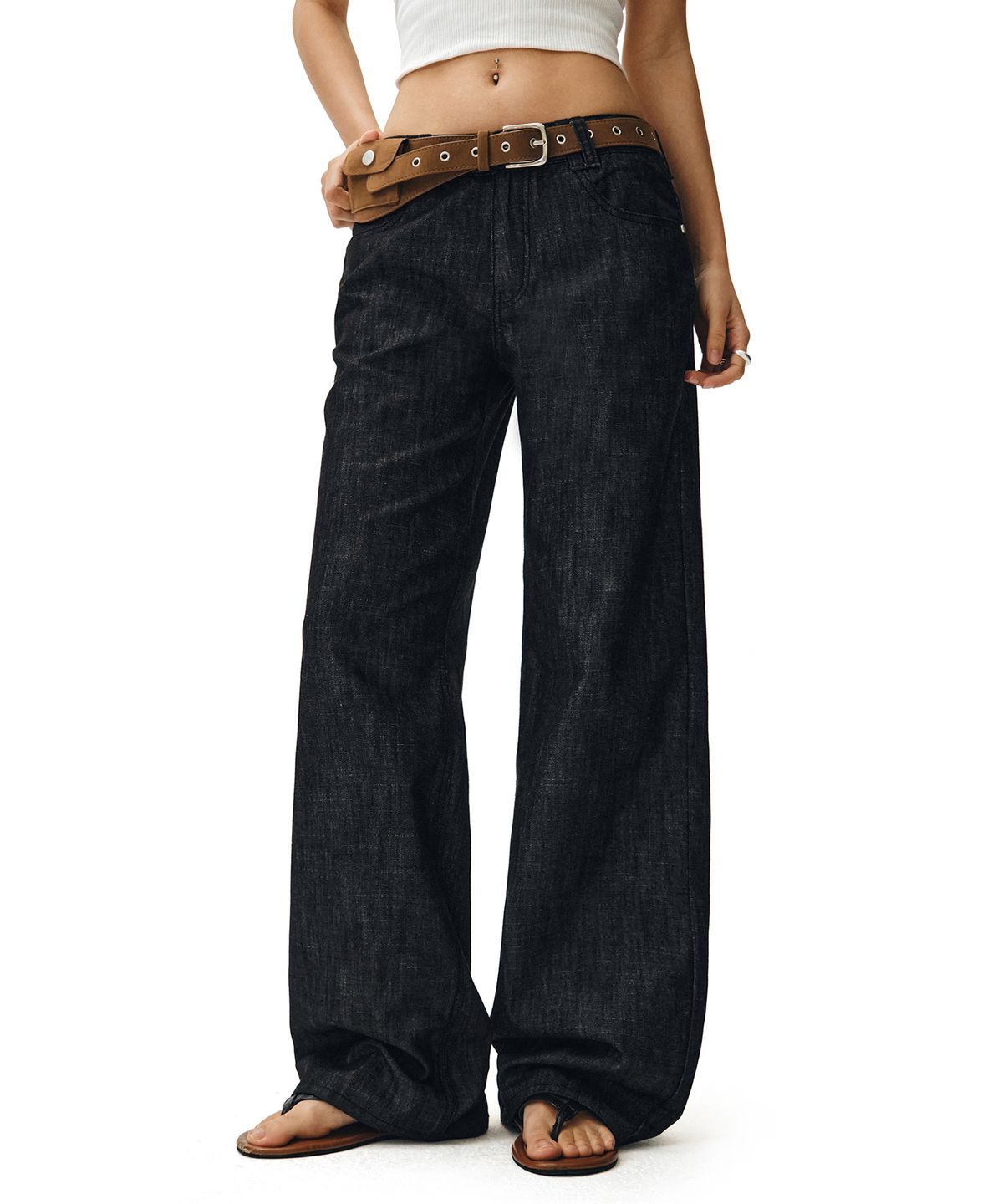 데케트 우먼(DECET WOMEN) [린넨라이크]Signature Low Rise Wide Jeans DCWPT004CPBlack