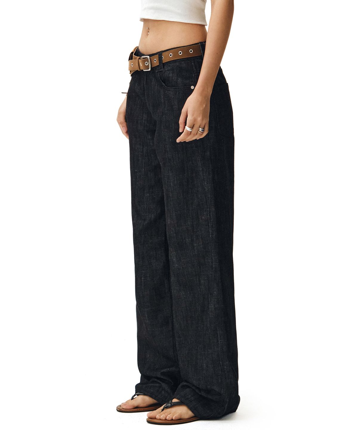 데케트 우먼(DECET WOMEN) [린넨라이크]Signature Low Rise Wide Jeans DCWPT004CPBlack