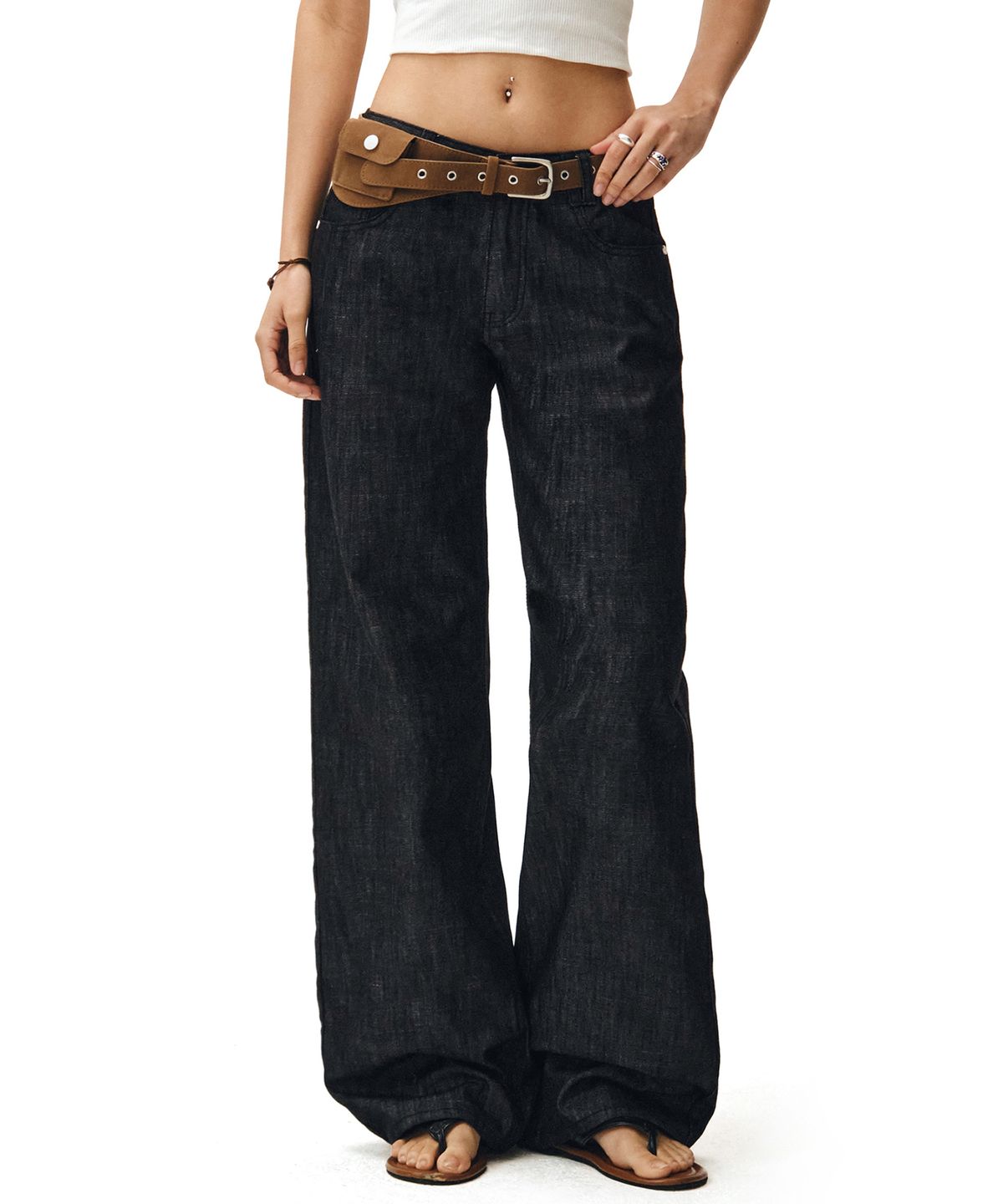 데케트 우먼(DECET WOMEN) [린넨라이크]Signature Low Rise Wide Jeans DCWPT004CPBlack