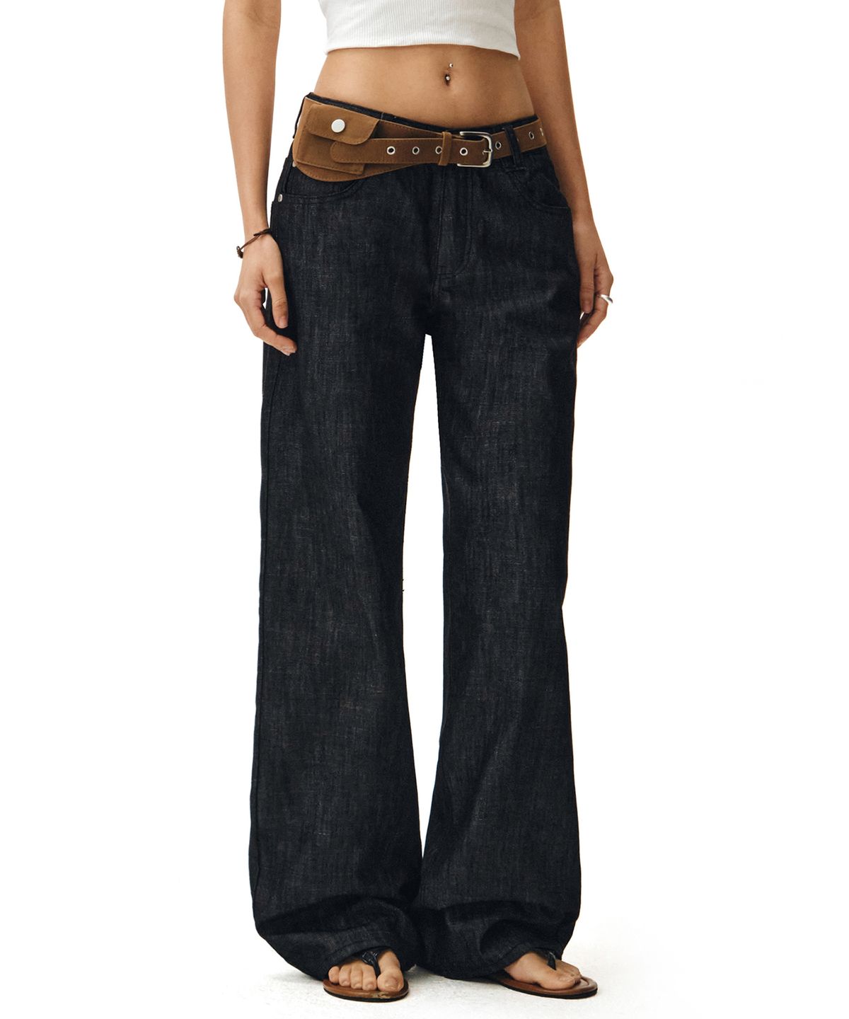 데케트 우먼(DECET WOMEN) [린넨라이크]Signature Low Rise Wide Jeans DCWPT004CPBlack