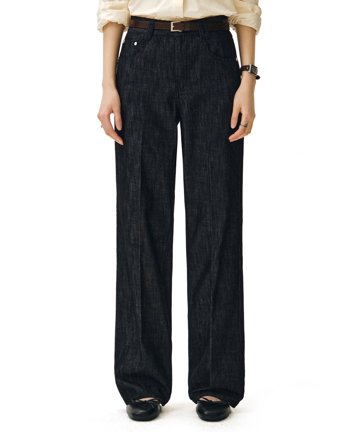 데케트 우먼(DECET WOMEN) [린넨라이크]Signature Straight Jeans DCWPT001CPBlack