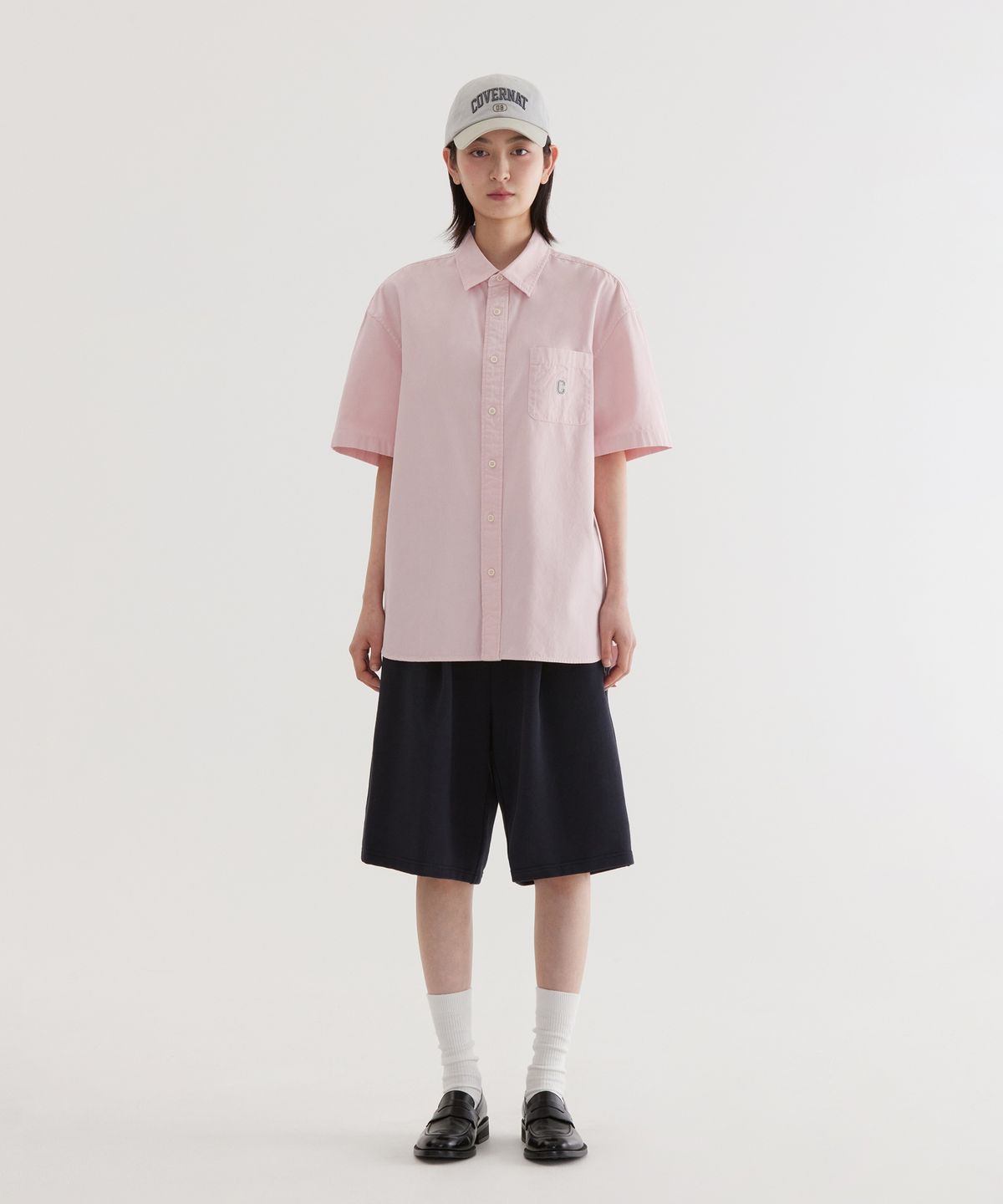 커버낫(COVERNAT) C 로고 피그먼트 옥스포드 하프 셔츠 Light Pink