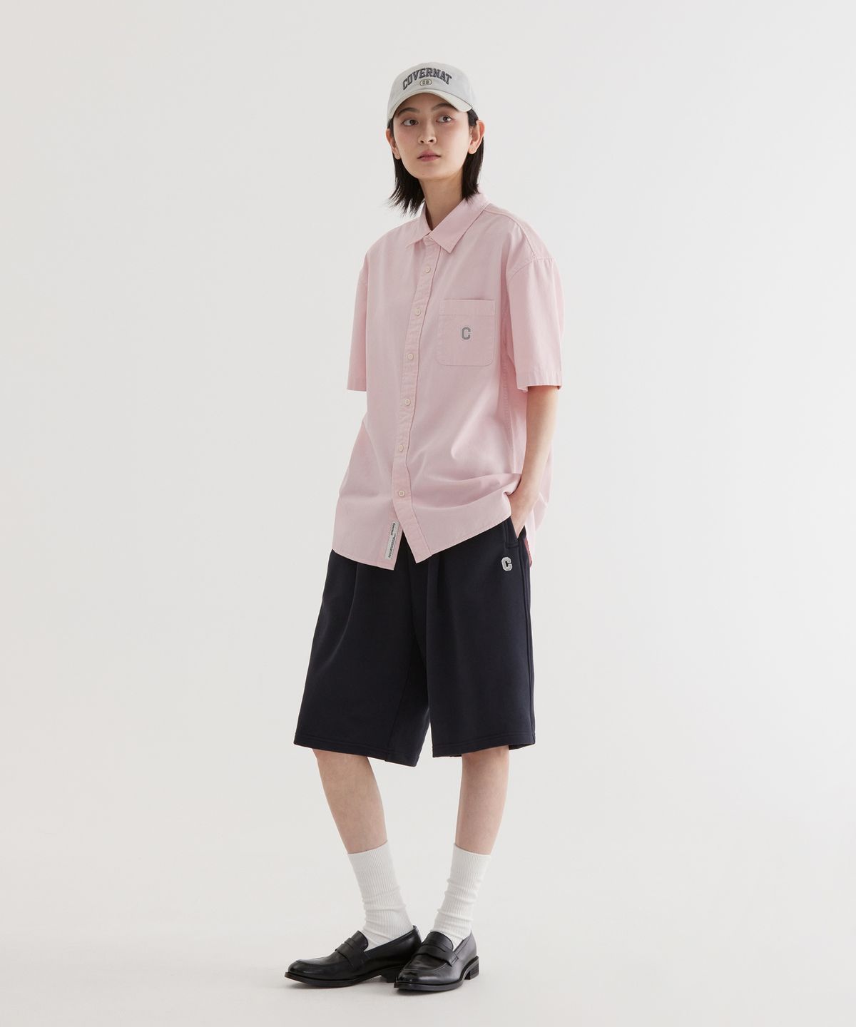 커버낫(COVERNAT) C 로고 피그먼트 옥스포드 하프 셔츠 Light Pink