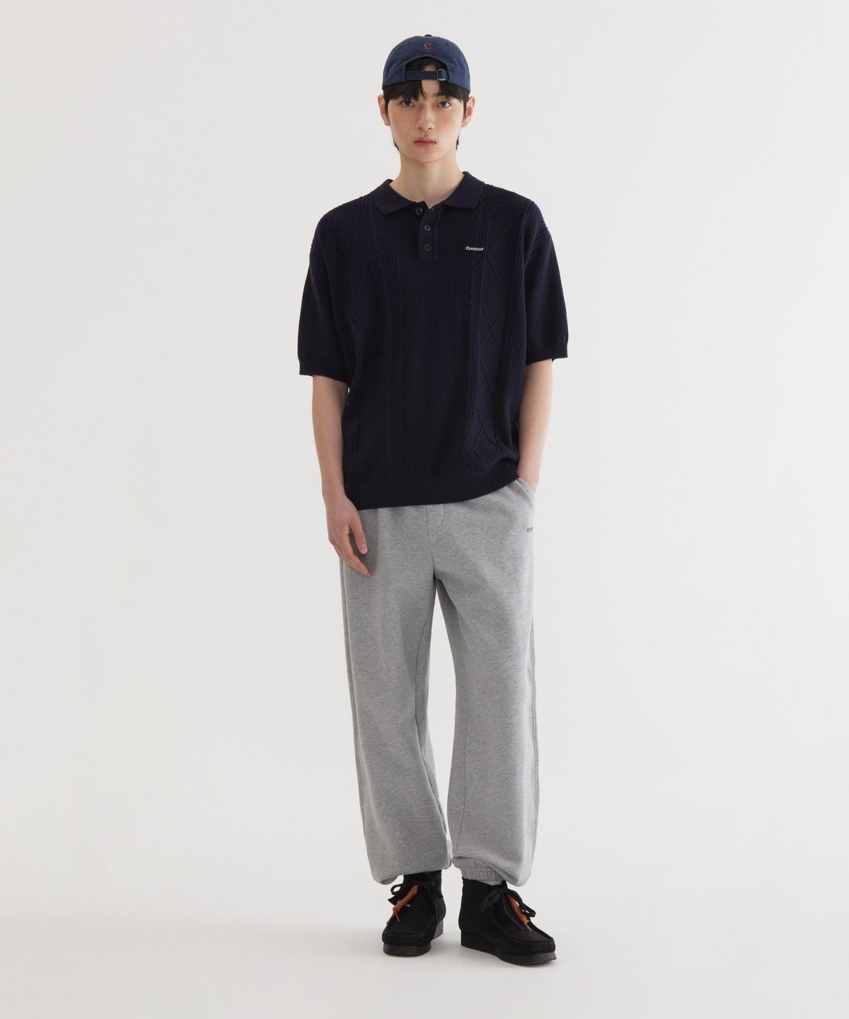커버낫(COVERNAT) 스몰 어센틱 스카시 케이블 하프 니트 Dark Navy