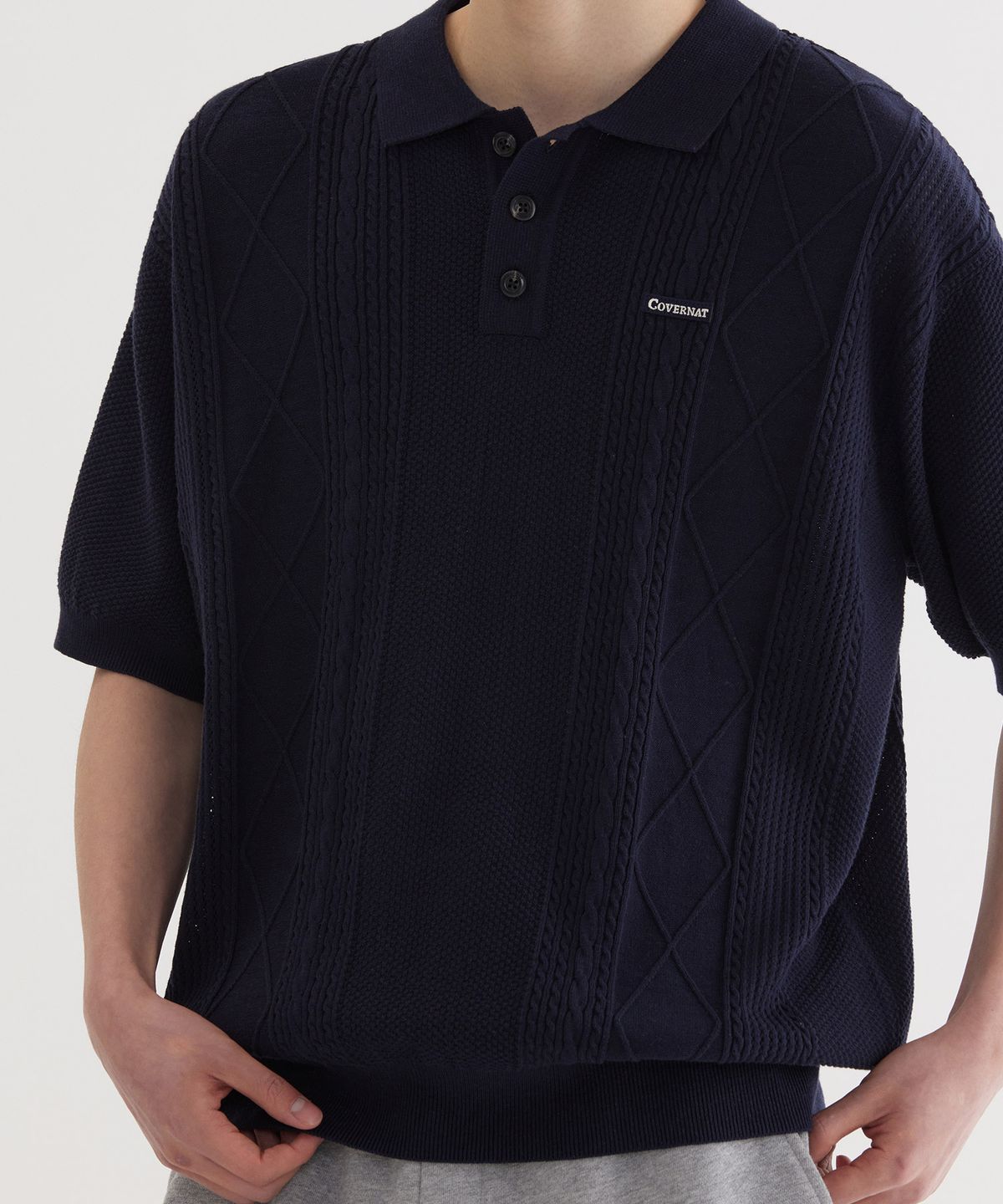 커버낫(COVERNAT) 스몰 어센틱 스카시 케이블 하프 니트 Dark Navy