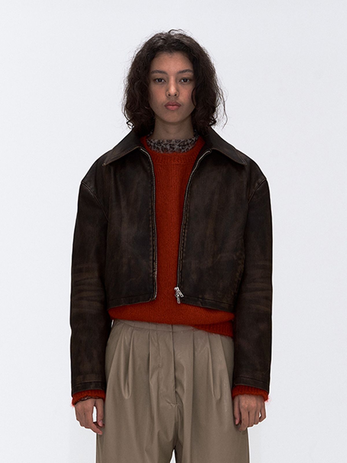 에르에르(ERER) Slit Vintage Wash Leather Jacket Brown