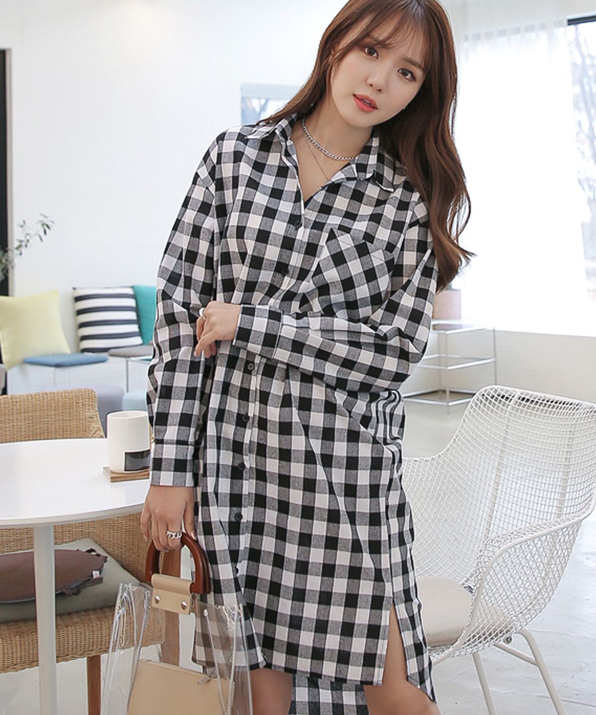 빼빼(BBAEBBAE) 루즈핏 체크 롱원피스형 남방