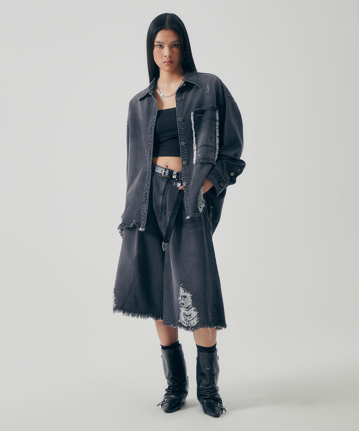 트리밍버드(TREEMINGBIRD) Distressed Square Denim Set-up Jacket [ Gray ]