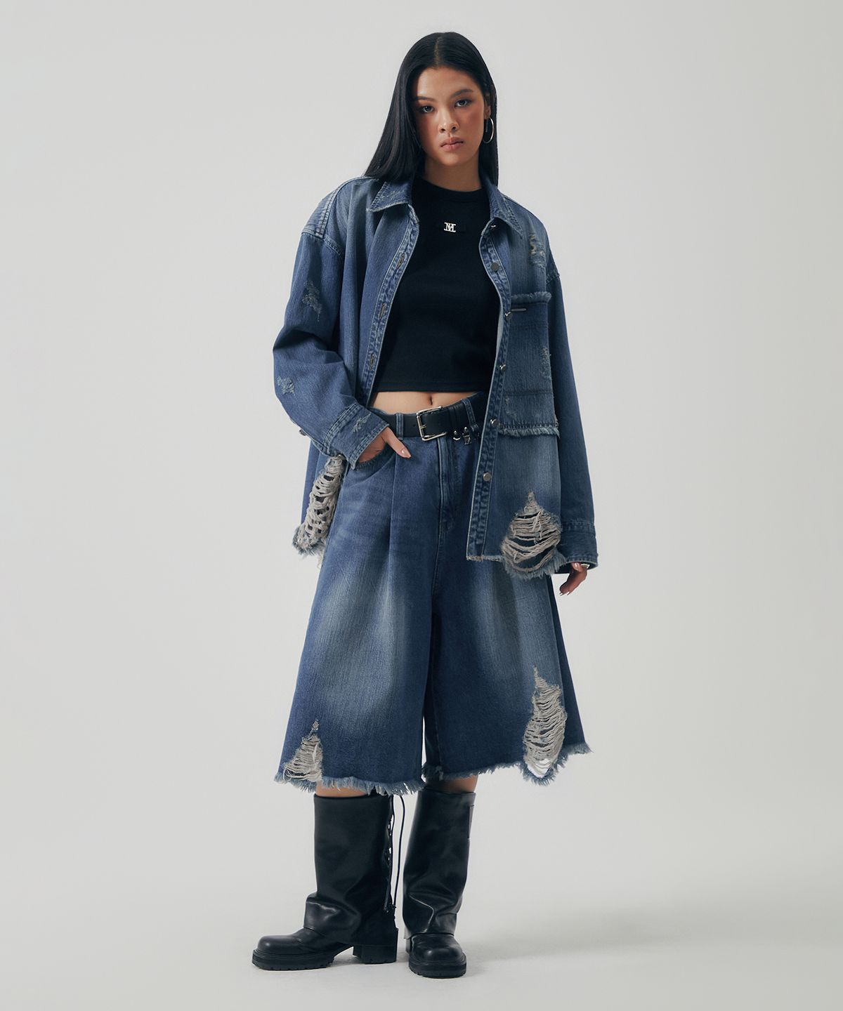 트리밍버드(TREEMINGBIRD) Distressed Square Denim Set-up Jacket [ Blue ]