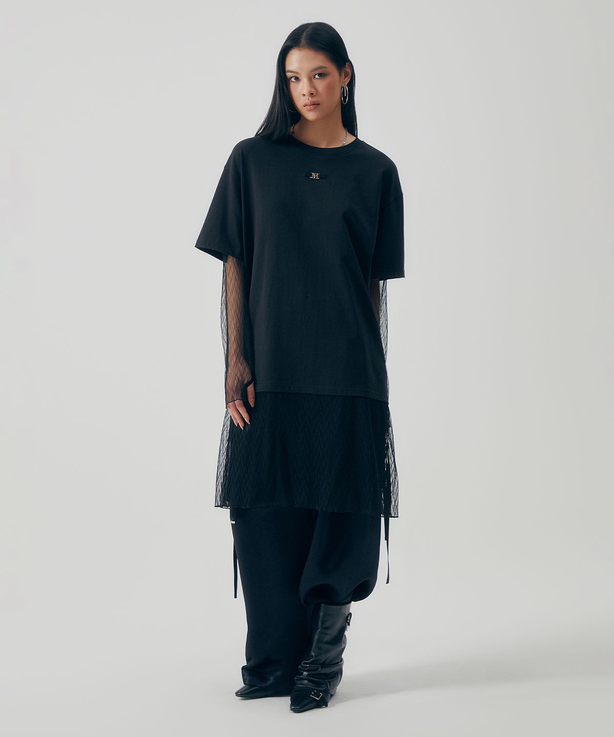 트리밍버드(TREEMINGBIRD) Layered Lace Long Sleeves [ Black ]