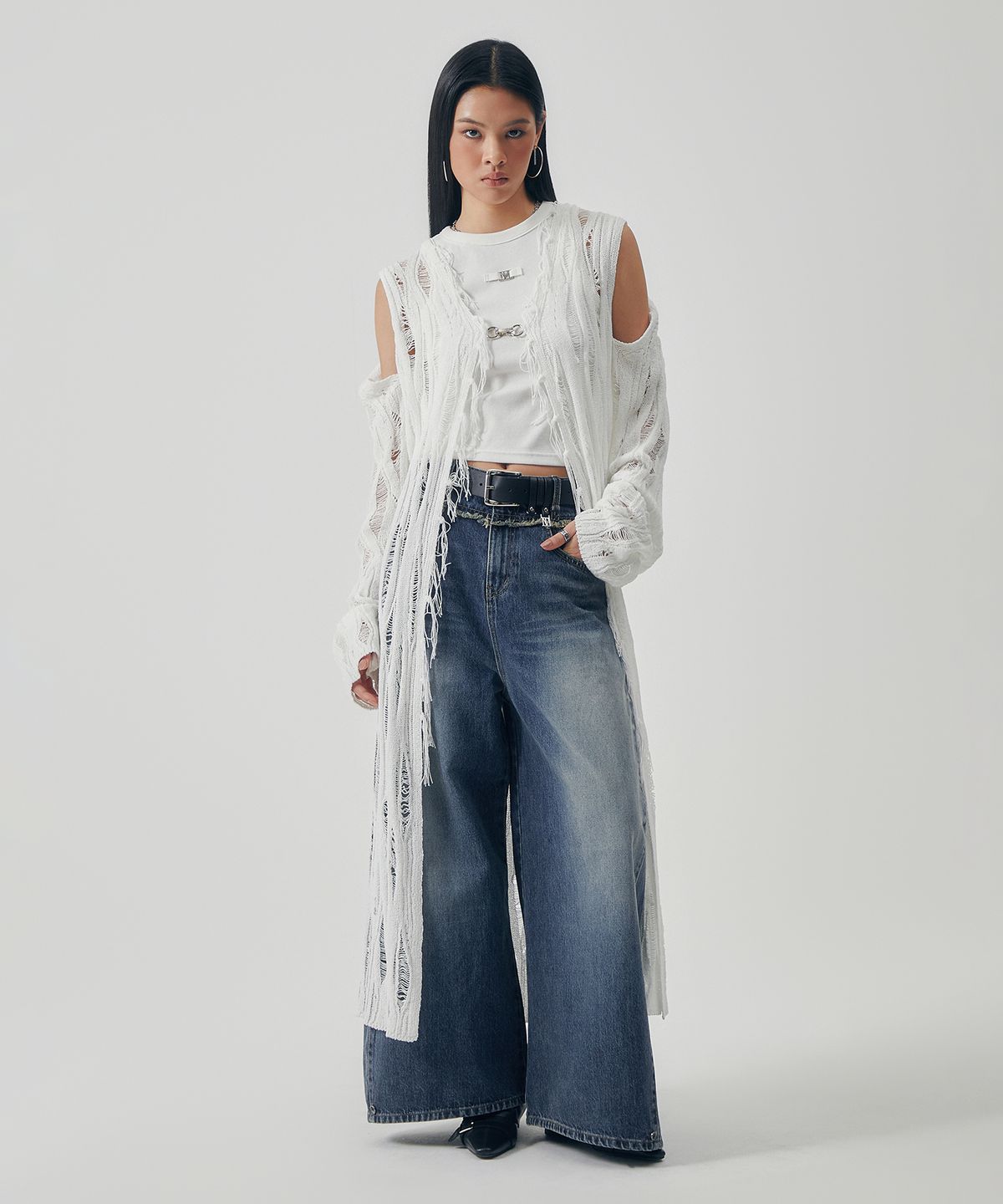 트리밍버드(TREEMINGBIRD) Featherlight Longline Knit Cardigan [ White ]