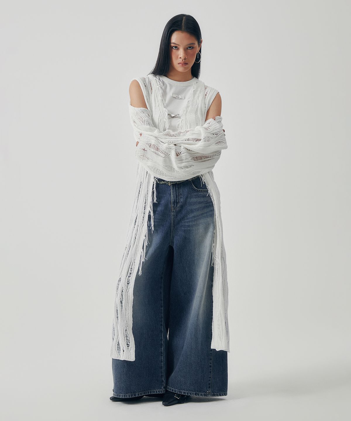 트리밍버드(TREEMINGBIRD) Featherlight Longline Knit Cardigan [ White ]