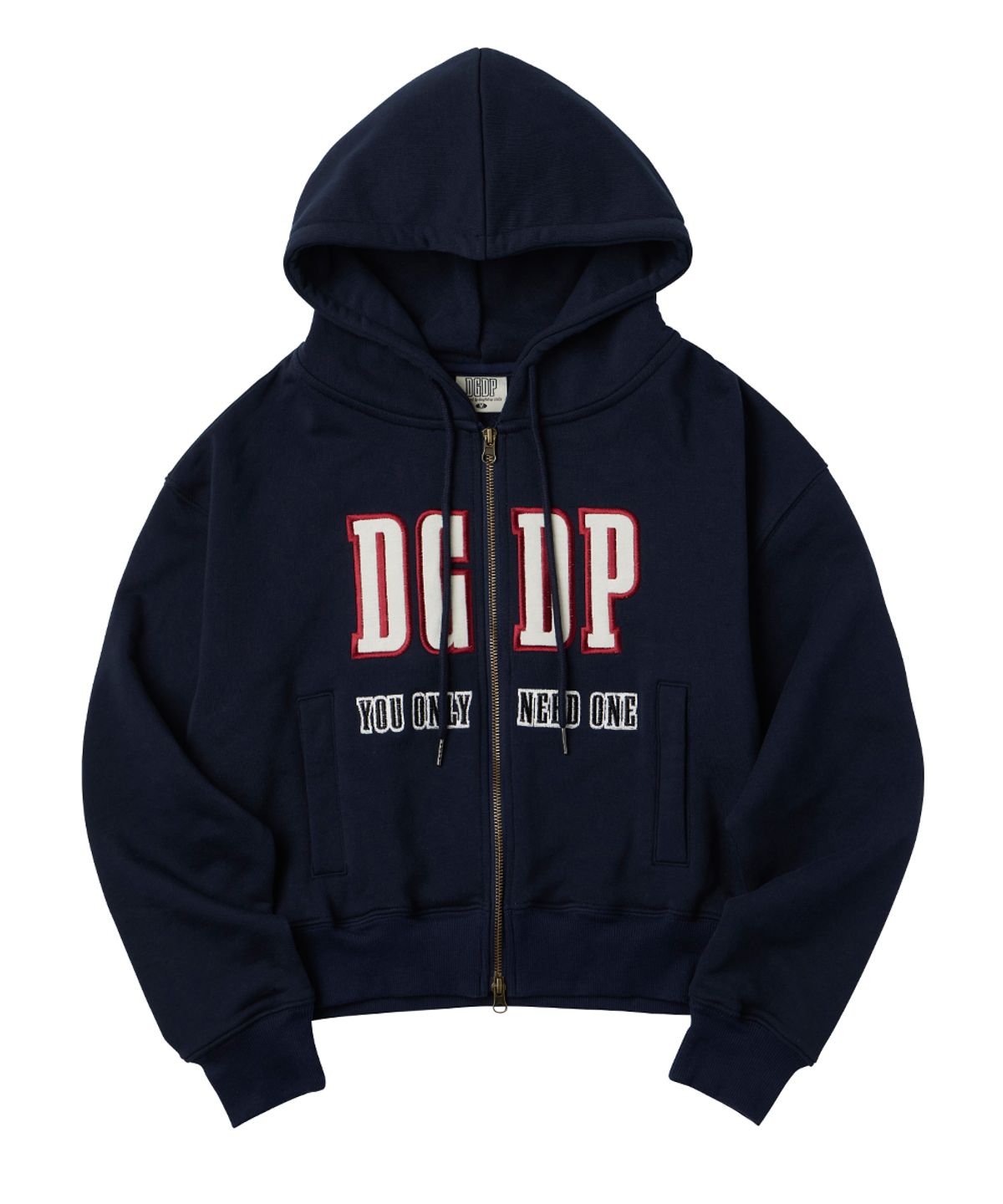 댕글드랍(DANGLEDROP) DGDP 아플리케 크롭 후드 집업 네이비