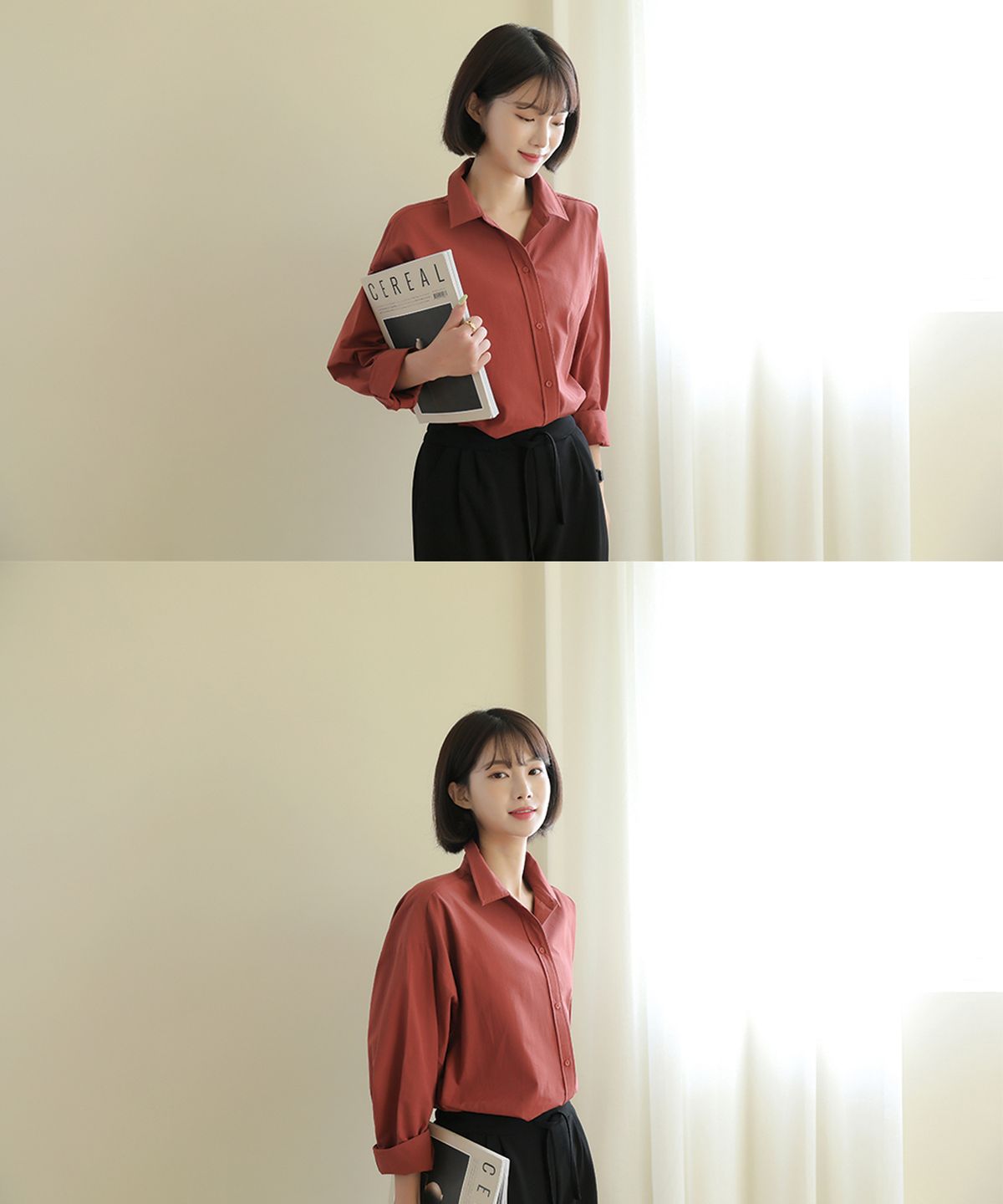 빼빼(BBAEBBAE) 카라넥 버튼 긴팔 블라우스