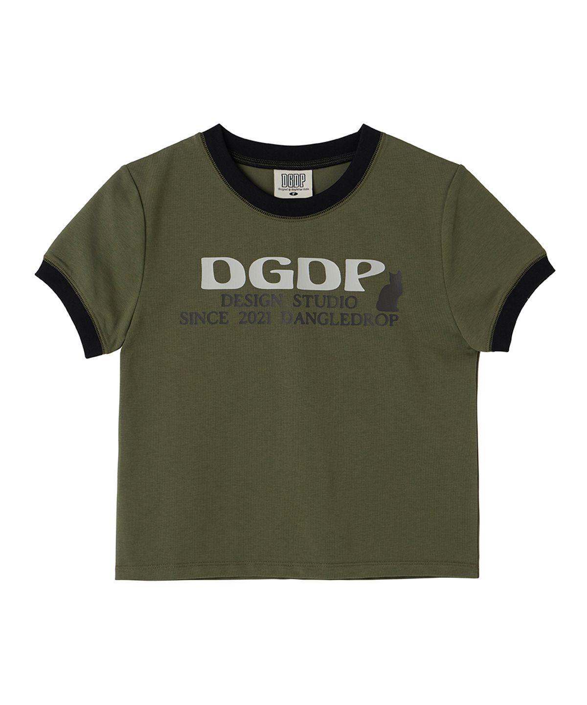 댕글드랍(DANGLEDROP) DGDP CAT 링거 크롭 반팔티셔츠 카키