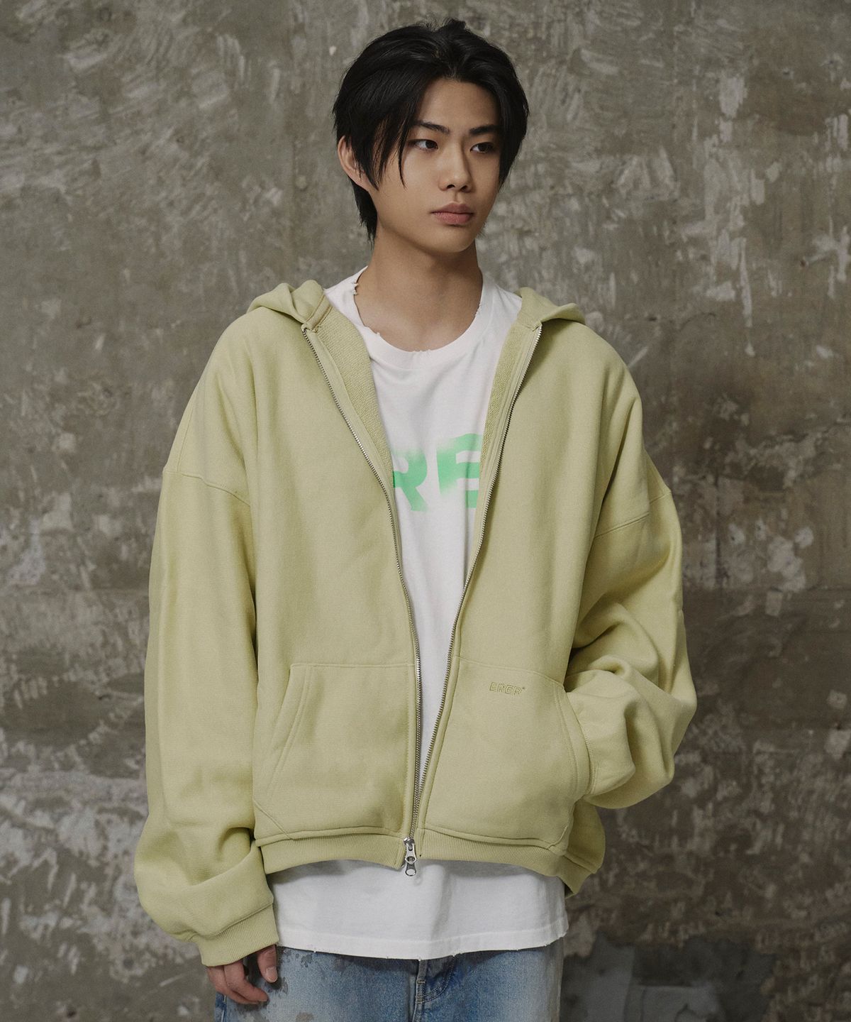 에르에르(ERER) Men Oversized Sweat Hoodie Zip-Up Yellow