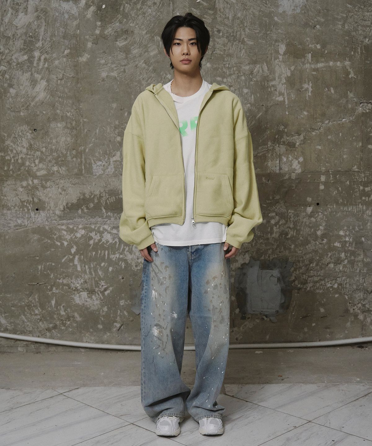 에르에르(ERER) Men Oversized Sweat Hoodie Zip-Up Yellow