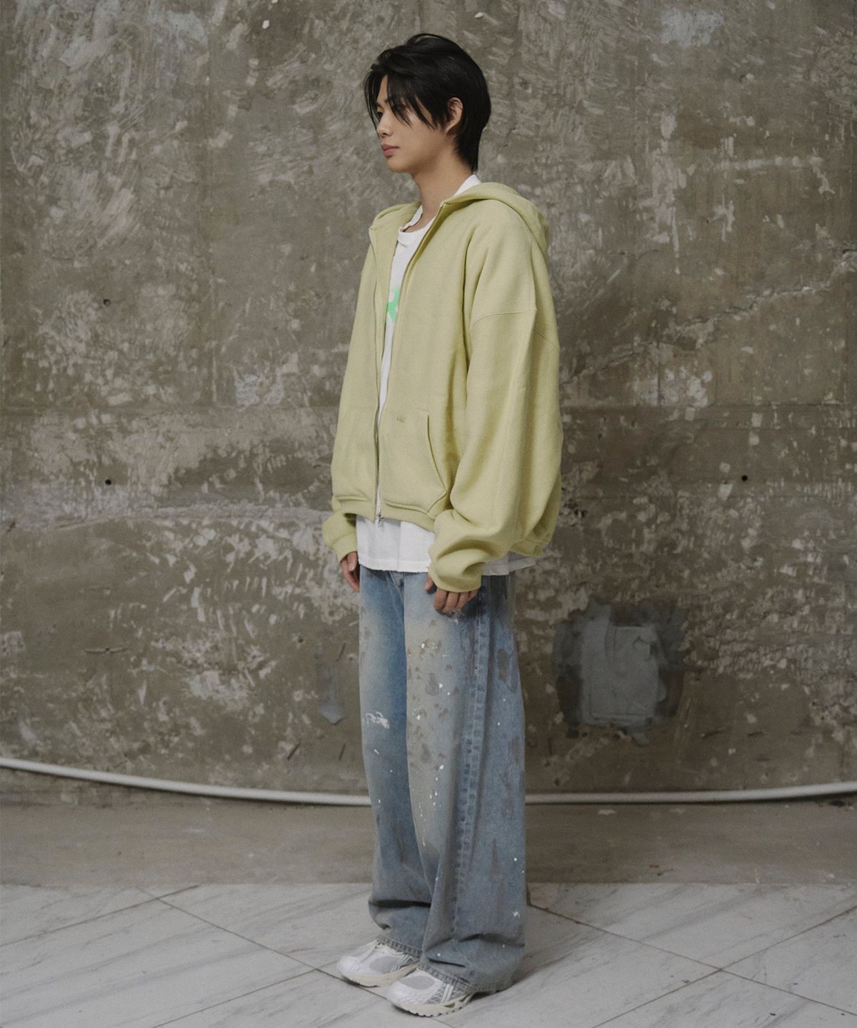 에르에르(ERER) Men Oversized Sweat Hoodie Zip-Up Yellow