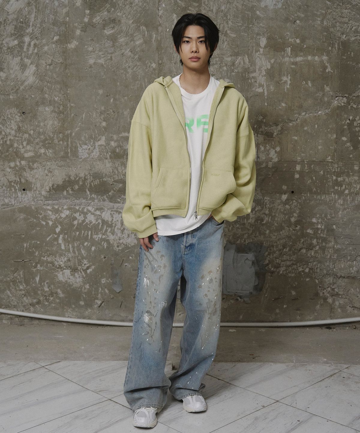 에르에르(ERER) Men Oversized Sweat Hoodie Zip-Up Yellow