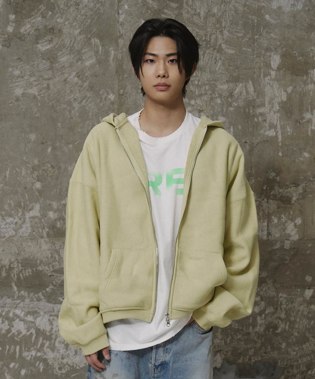 에르에르(ERER) Men Oversized Sweat Hoodie Zip-Up Yellow