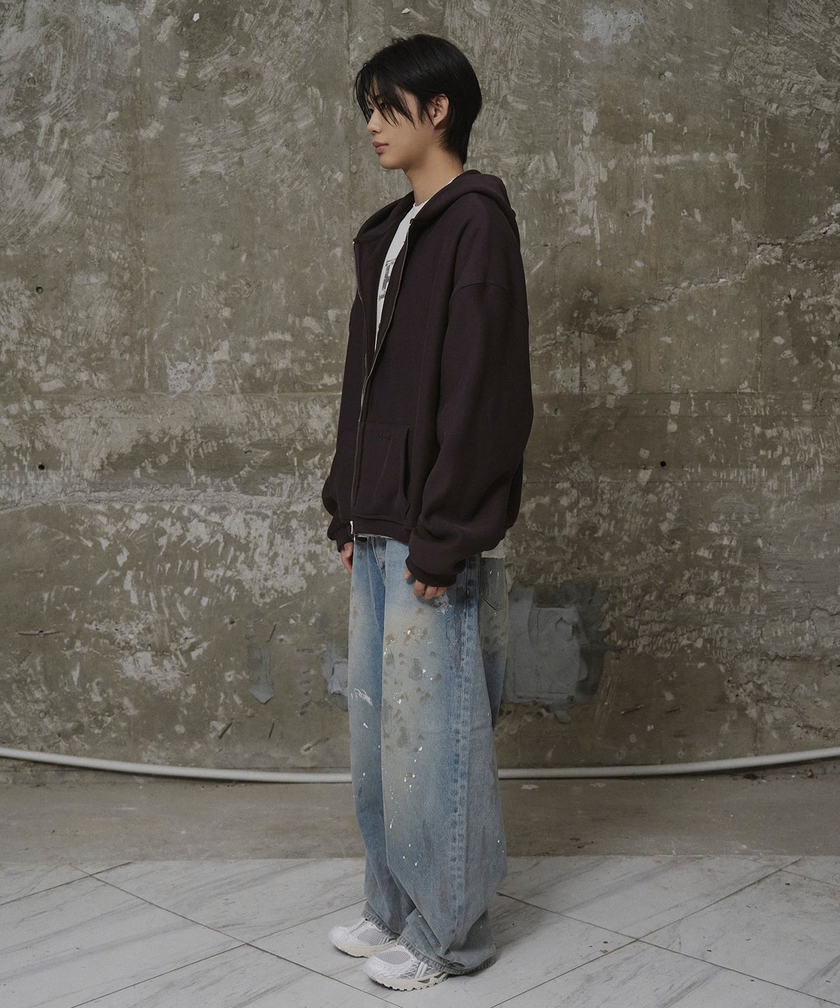 에르에르(ERER) Men Oversized Sweat Hoodie Zip-Up Brown